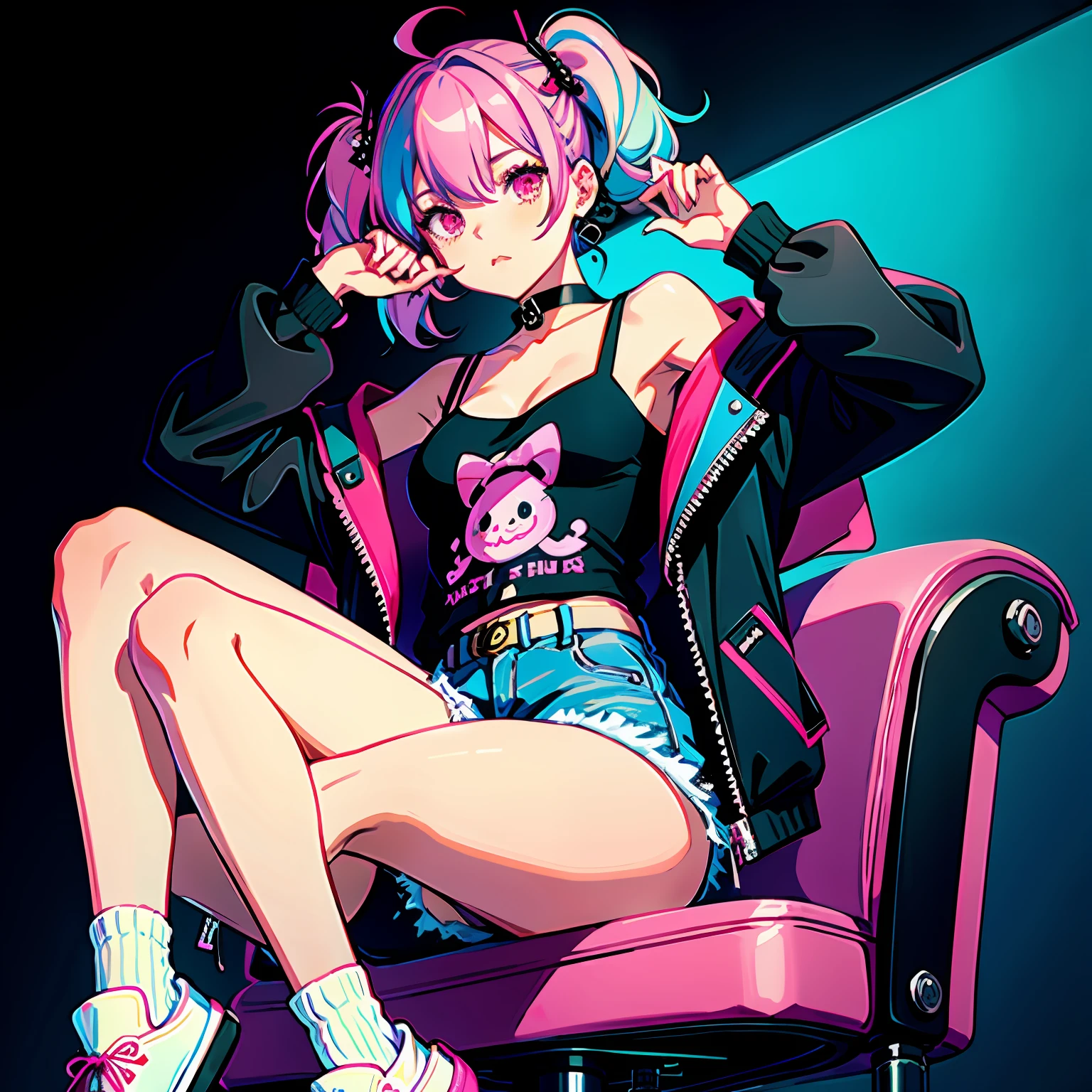 1girl, solo, pink hair, headphones, drill hair, sitting, socks, twin drills, chair, jacket, black background, multicolored hair, looking at viewer, black jacket, simple background, long sleeves, full body, hair ornament, white socks, holding, choker, bangs, shirt, shorts, chewing gum, knees up, food, controller, black choker, pink eyes, off shoulder, stuffed toy, office chair, lollipop, hair between eyes, slippers, blue hair, black shorts, stuffed animal, twintails, open jacket ,