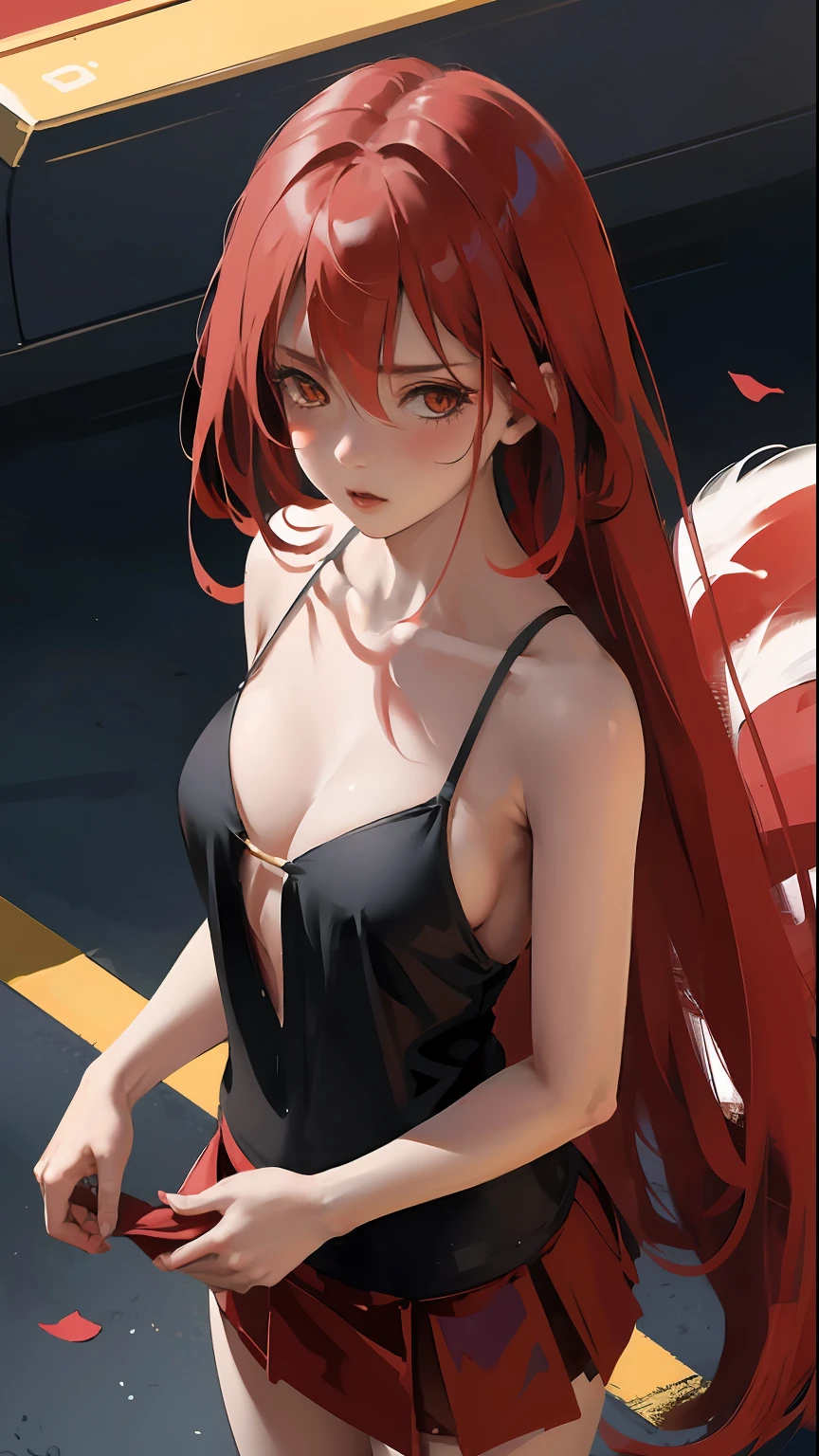 1 anime girl, red hair, black and red skirt, short clothes, breasts, cleavage, golden eyes, ray tracing, very long hair, masterpiece, hair between eyes, blush, partialy nude, sexy, dynamic poses