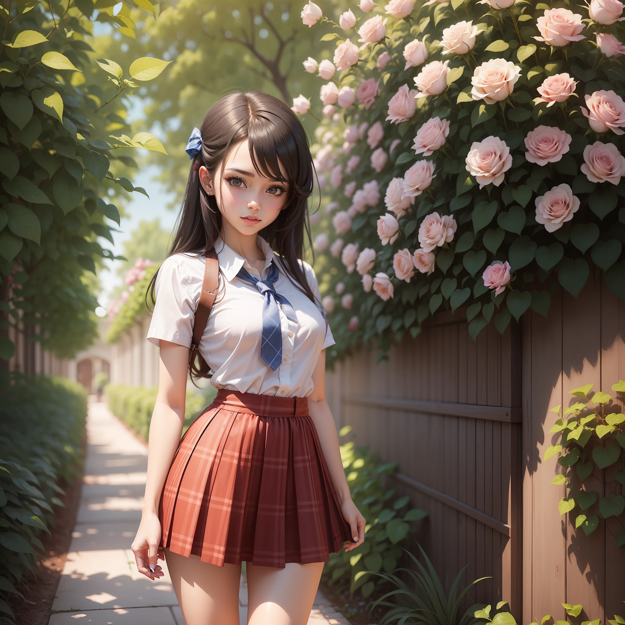 Girl dressed as a schoolgirl with white shirt and red and blue checkered miniskirt. Standing in a rose garden. Estilo disney. Estilo cartoon. Pintura digital