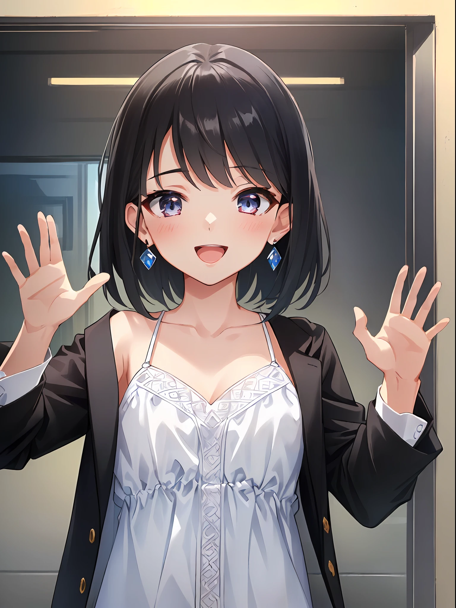 (((((kid))))),、1 girl, female focus, Jewelry, earrings, Solo, Smile, Open mouth, hair, Upper body, Shirt, Long sleeve, empty, Hands raised, Short hair, White shirt, Black hair, Bangs, Jacket, Daytime, Look at me, (Dynamic Pose, Very detailed and beautiful girl, intricate-detail, Beautiful detailed girl, Game CG, Highly detailed body, delicate and intricate hair, realistic and detailed face, Highly detailed eyes and face, Intricate details are beautiful and delicate eyes, Delicate arm and hands, Human Hands, Real skin texture, Exquisite fabric, plein air, Indoor , beautiful and clear background, absurdity, High-precision details, Highly detailed CG Unity 8K, Ultra-detailed)