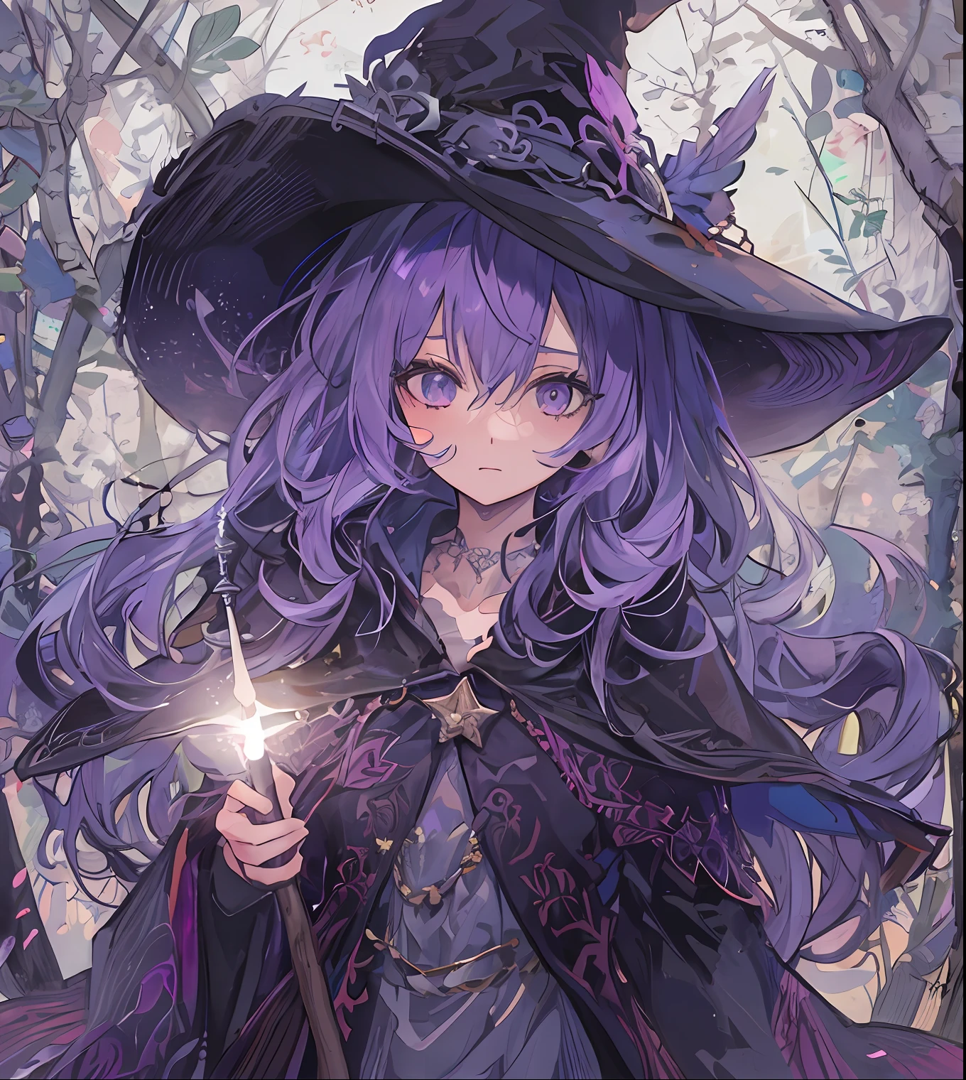 tmasterpiece,Best quality at best,one-girl,Purple hair,adolable,Wearing a witch hat,Hold a staff in your hand