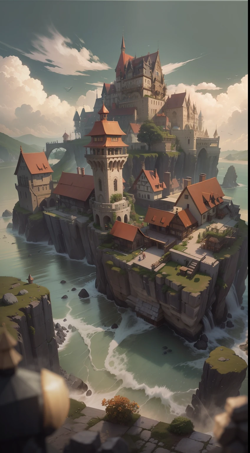 dynamic viewing angle,(levitating:1.5),(A medieval fantasy city floating on the sea:1.3),mirai,(Thick clouds under rocks:1.4),in style of hayao miyazaki,Rejoice,Perfect quality,Clear focus(Clutter - home:0.8), (tmasterpiece:1.2), (realisticlying:1.2) ,(Bokeh:0.5), (best qualtiy), (detailedskin:1.3) ,(complexdetails), (8K), (detailedeyes) ,(Sharp focus),,(having fun),(Award-winning digital artwork:1.3) af (sketching:1.3),(with dynamism:1.3),studiolight,Theme