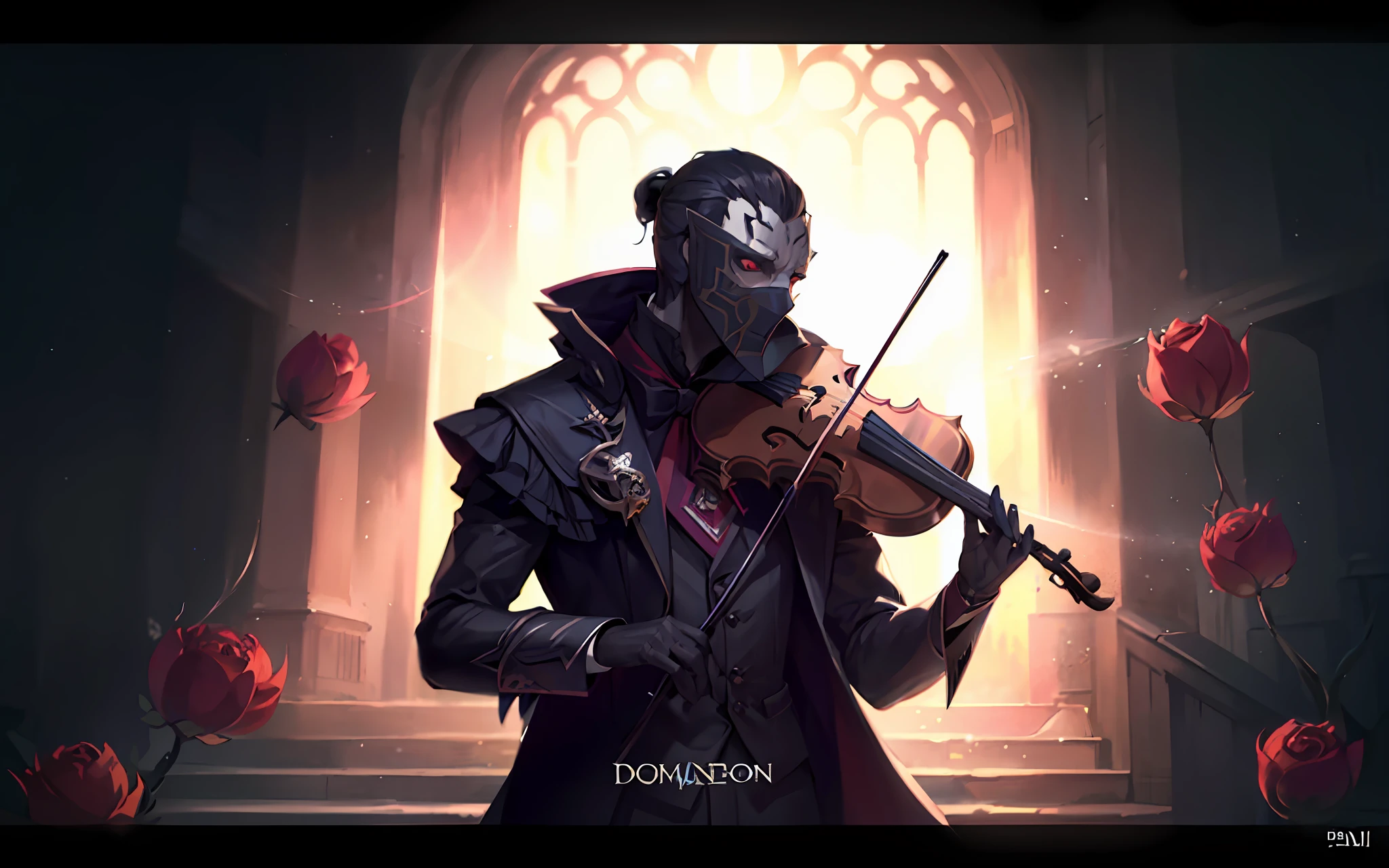 Arafed image of a man in a long coat, playing the violin, badass composition, omen from valorant, Just art for dark metal music, dishonored style, an album cover, official artwork, dishonored inspired, high detail official illustrations, background illustration, detailed cover artwork, promo art, a human bard, Шако из League of Legends, The magnificent composition is cinematic