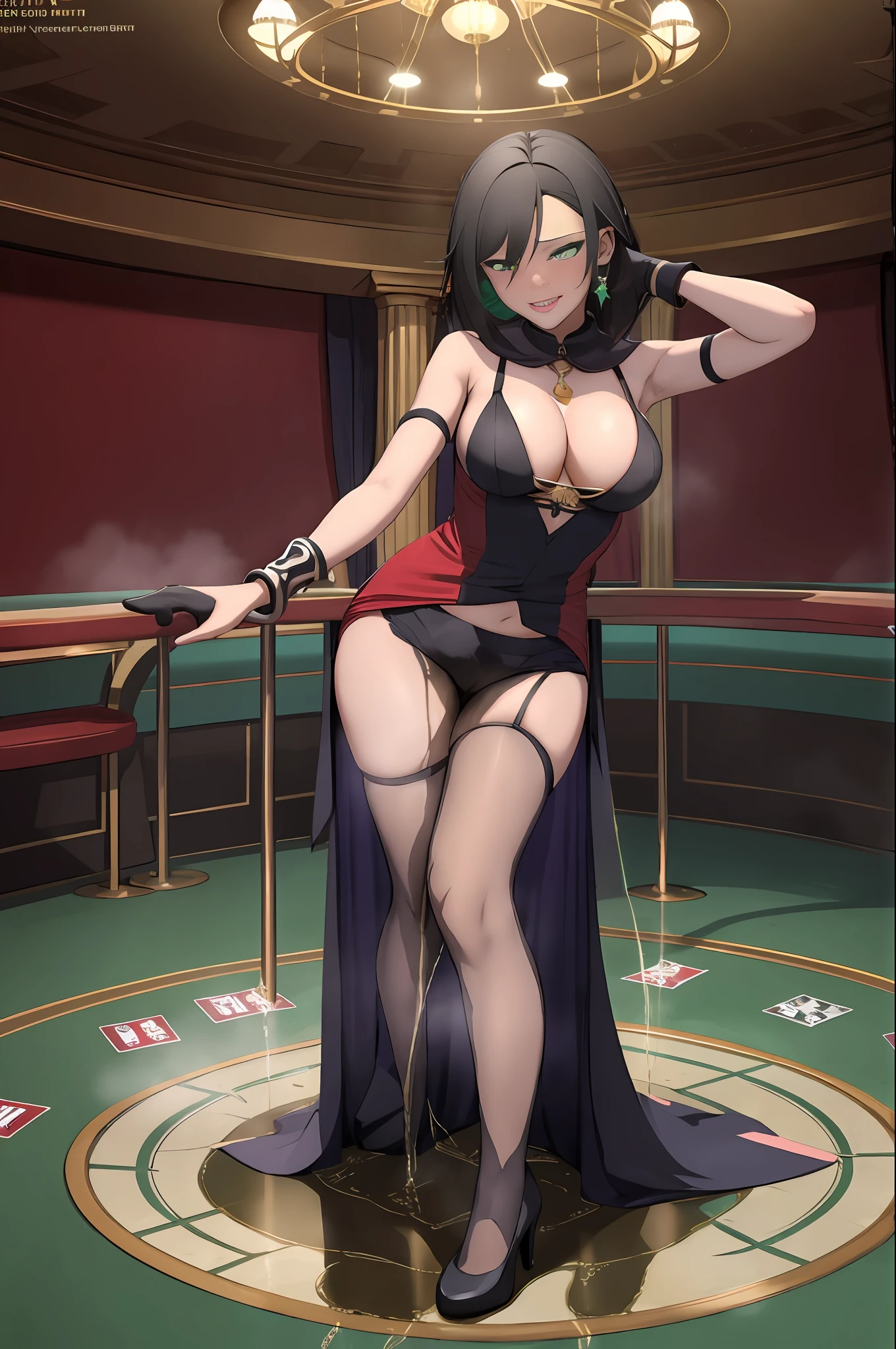 (masterpiece, top quality, best quality, highly detailed:1.2), 1girl, solo, photo of a sexy lounge singer posing seductively on stage and peeing on the floor, peeing self, having an accident, casino, indoor, standing, ((pee stream)), (pee puddle), pee stain, panties, form-fitting red gown, wet gown, wet furniture, pee puddle, peeing, thigh high heels, stockings, wet stockings, black hair, green eyes, smirking, golden braclet