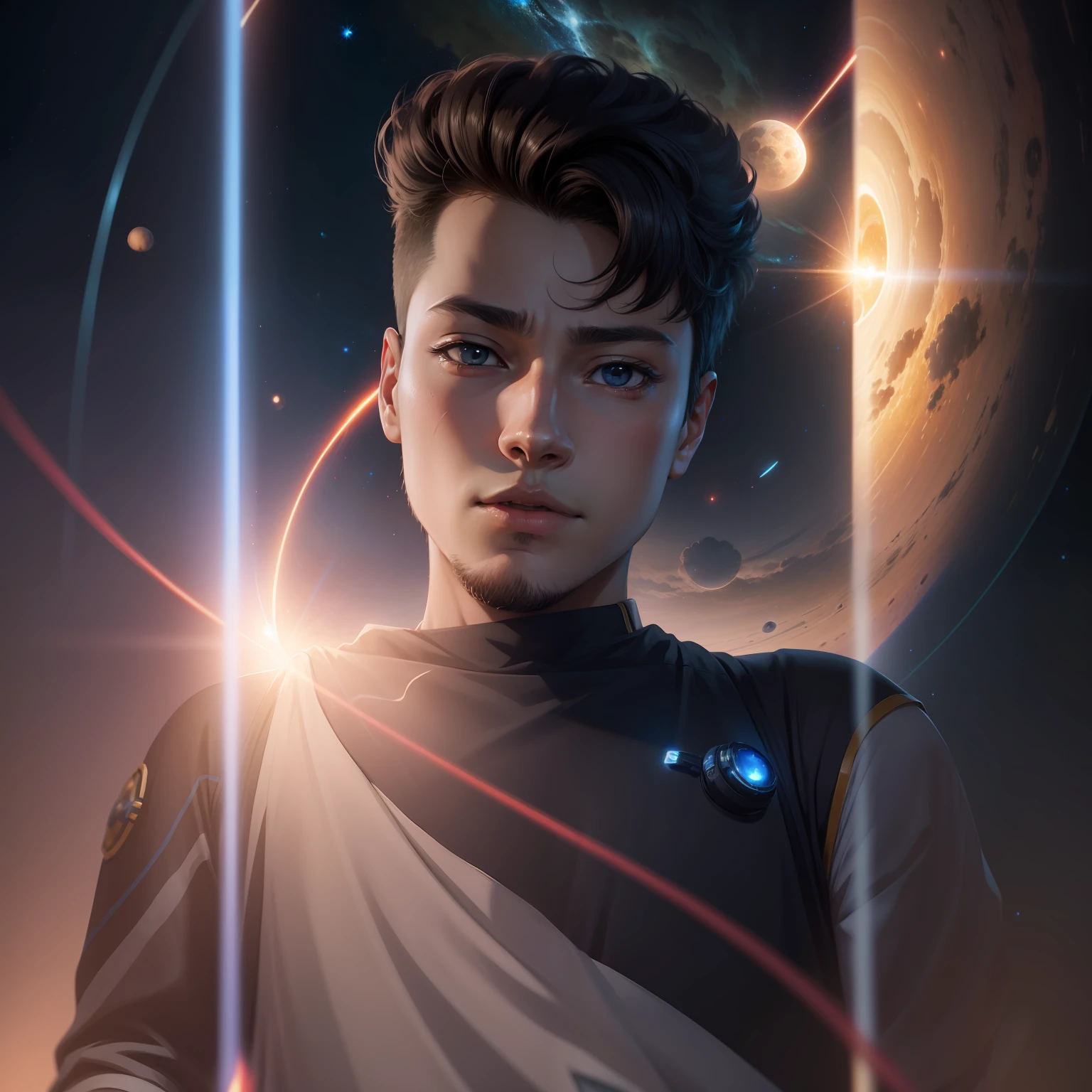 Anime boy, anime face, in the universe, scifi background, solar system, scifi art, 4k graphics, ultra hd, high quality