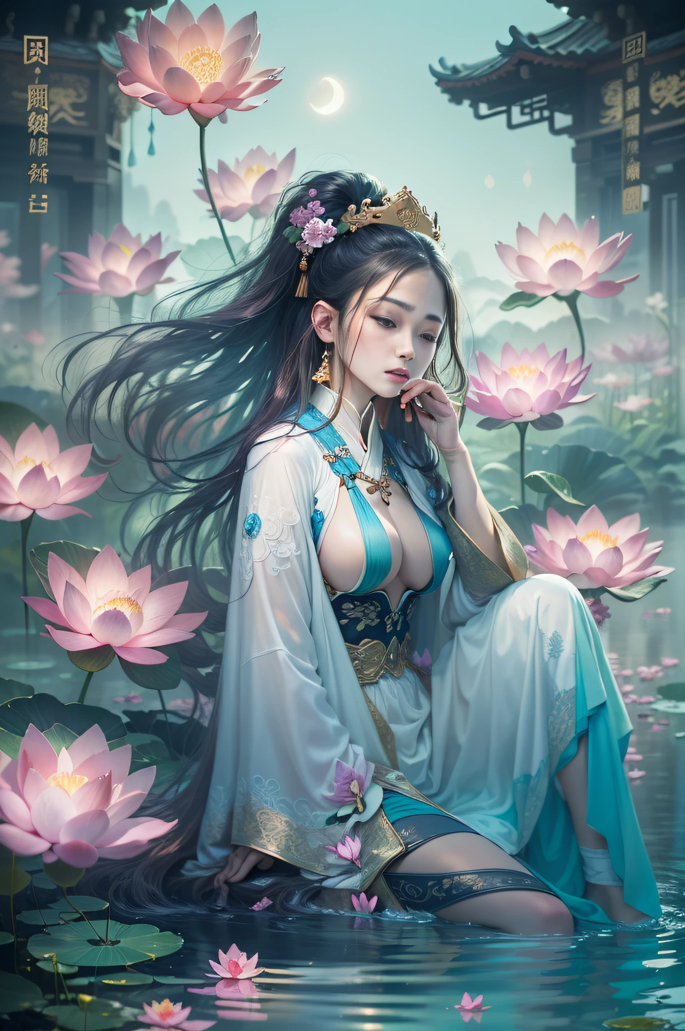 (1girl:1.4), solo,((:0.75)),(((small breasts:1))), ((nymphaea:1,3)), (Glowing ambiance, enchanting radiance, luminous lighting, ethereal atmosphere, mesmerizing glow, evocative hues, captivating coloration, dramatic lighting, enchanting aura), (a girl sitting on a bench in a field of flowers, palace, a girl in hanfu, instagram contest winner, in water up to her shoulders, standing gracefully upon a lotus, inspired by Hua Yan, closing eyes, high priestess tarot card, full-cosplay, nymphaea), ink painting, ((moon:1)), (masterpiece, top quality, best quality, official art, beautiful and aesthetic:1.2), extreme detailed, (chinese style:1.2),theater dance scene,(hypermaximalistic:1.5),colorful,highest detailed,,(Breast size:1.8)