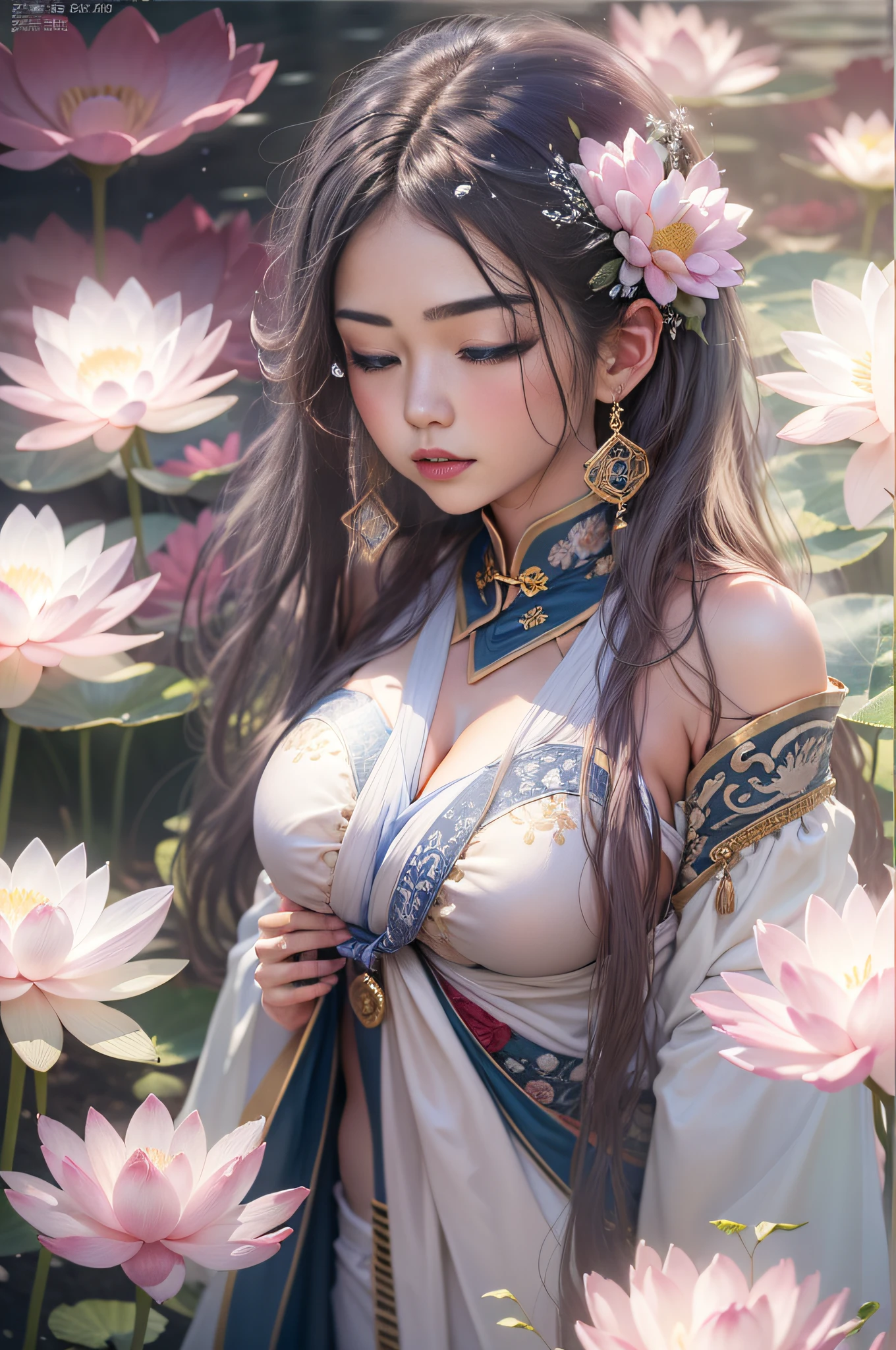 (1girl:1.4), solo,((:0.75)),(((small breasts:1))), ((nymphaea:1,3)), (Glowing ambiance, enchanting radiance, luminous lighting, ethereal atmosphere, mesmerizing glow, evocative hues, captivating coloration, dramatic lighting, enchanting aura), (a girl sitting on a bench in a field of flowers, palace, a girl in hanfu, instagram contest winner, in water up to her shoulders, standing gracefully upon a lotus, inspired by Hua Yan, closing eyes, high priestess tarot card, full-cosplay, nymphaea), ink painting, ((moon:1)), (masterpiece, top quality, best quality, official art, beautiful and aesthetic:1.2), extreme detailed, (chinese style:1.2),theater dance scene,(hypermaximalistic:1.5),colorful,highest detailed,,(Breast size:1.8)