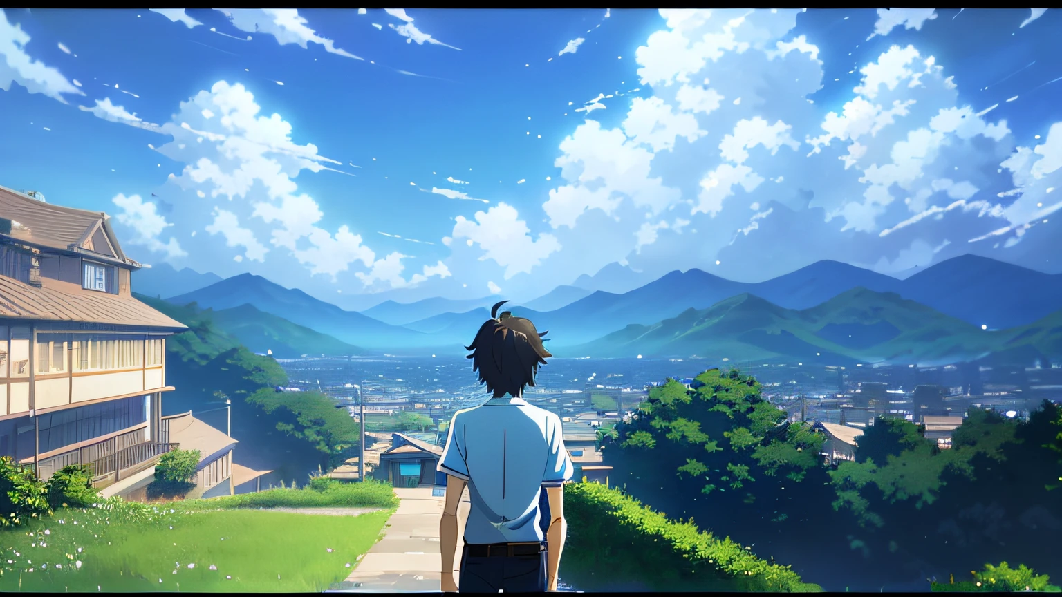 （tmasterpiece，best qualtiy）， intricately details， 8K， art  stations， the wallpaper， offcial art， splashart， tack sharp focus，Blue sky and white clouds anime scene, ( ( Makoto Shinkai ) ), screenshot from the anime film, anime movie scene, anime movie screenshot, in the style of makoto shinkai, Makoto Shinkai!!, Shinkai sincerely, Makoto Shinkai!, incredible anime movie scene