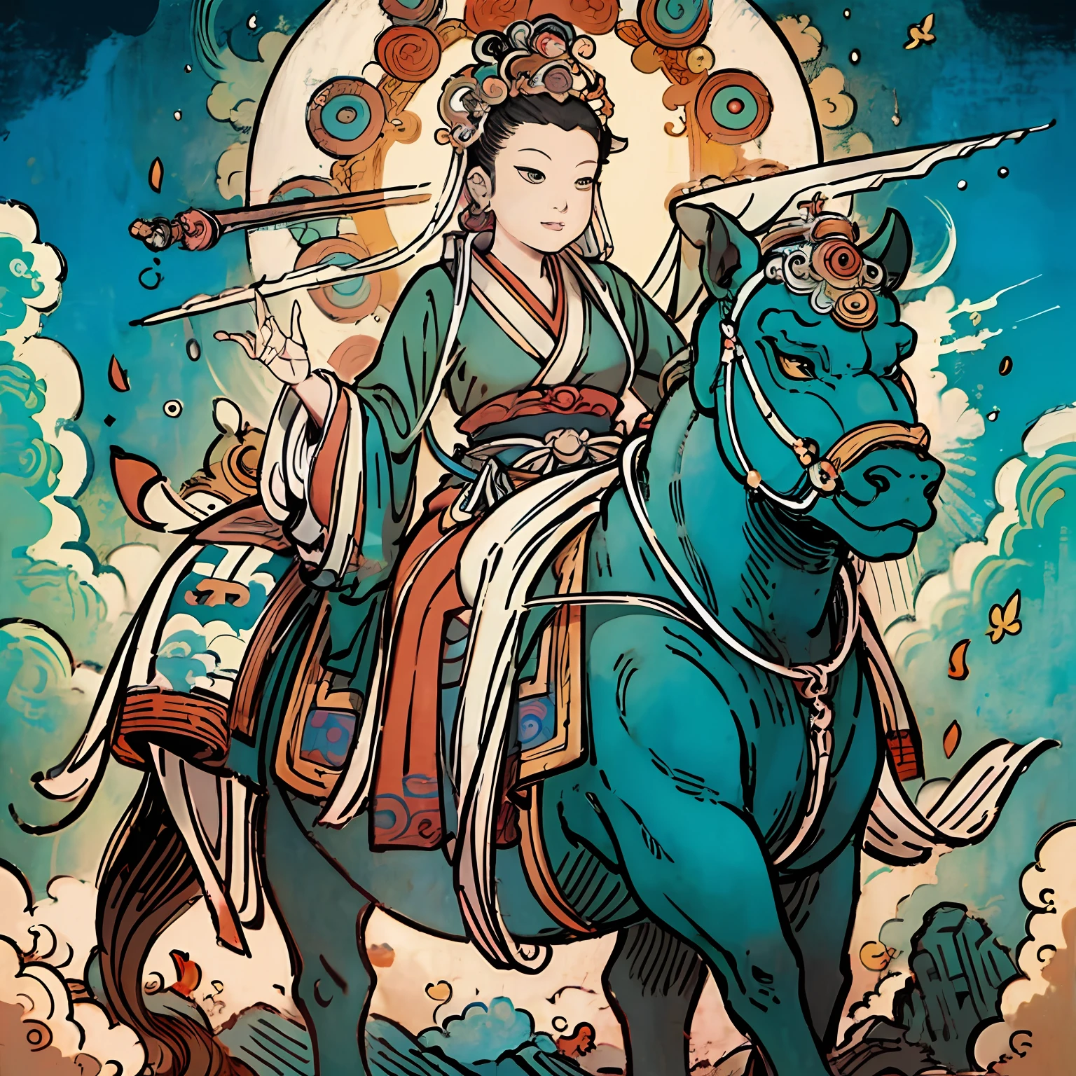 Guanyin Bodhisattva riding on a white elephant with sky background, inspired by Tawaraya Sōtatsu, Guanyin, guanyin of the southern seas, bodhisattva, contented female bodhisattva, author:Tahara Yanagi Soda, white-haired god, author:Asainaka, Thangka