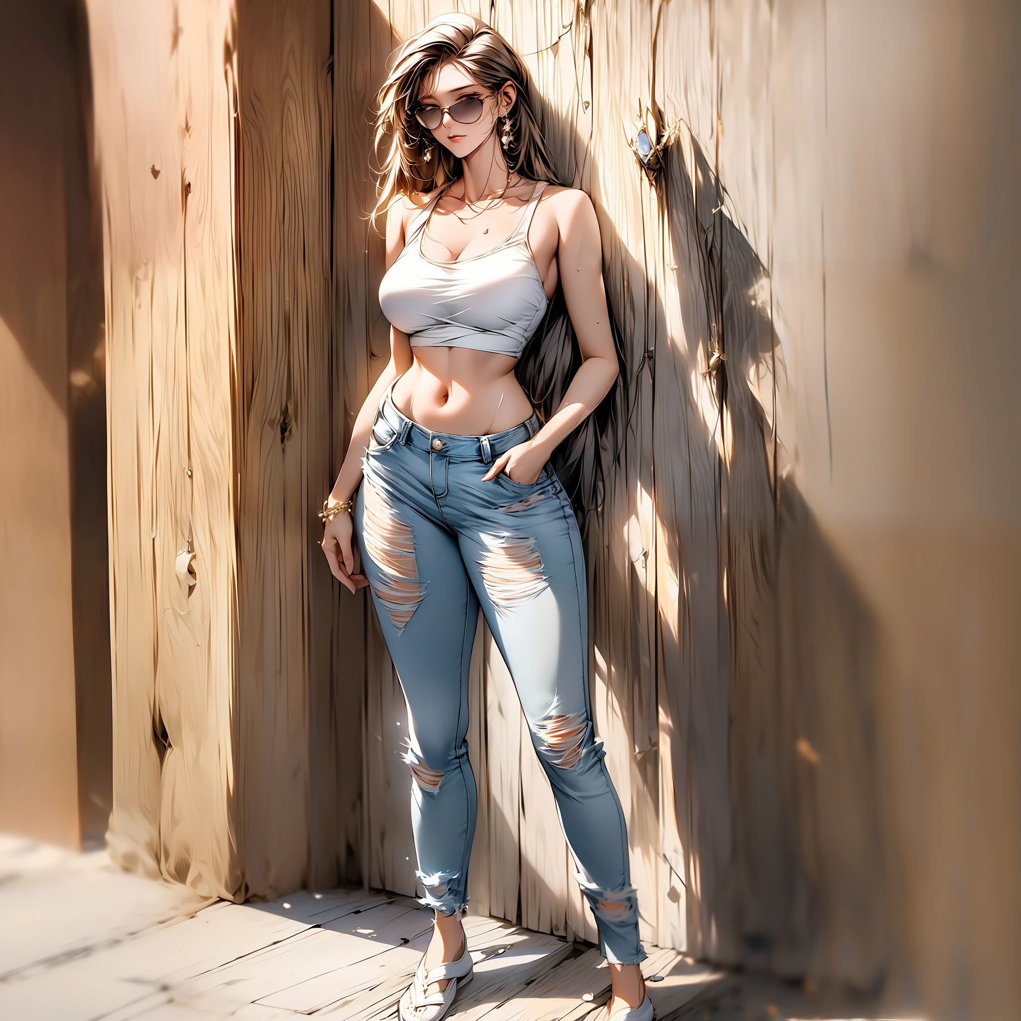 masterpiece1.3，High picture quality，detailed detail，Advancedsense，Full body photo of a young girl，Teenage girl in sunglasses，real photograph，dynamic angle，Shishi Japan of Girls，street photos，Sky blue ripped jeans，white camisole，No bra，Delicate legs，Leaky stomach，Leaky shoulders，