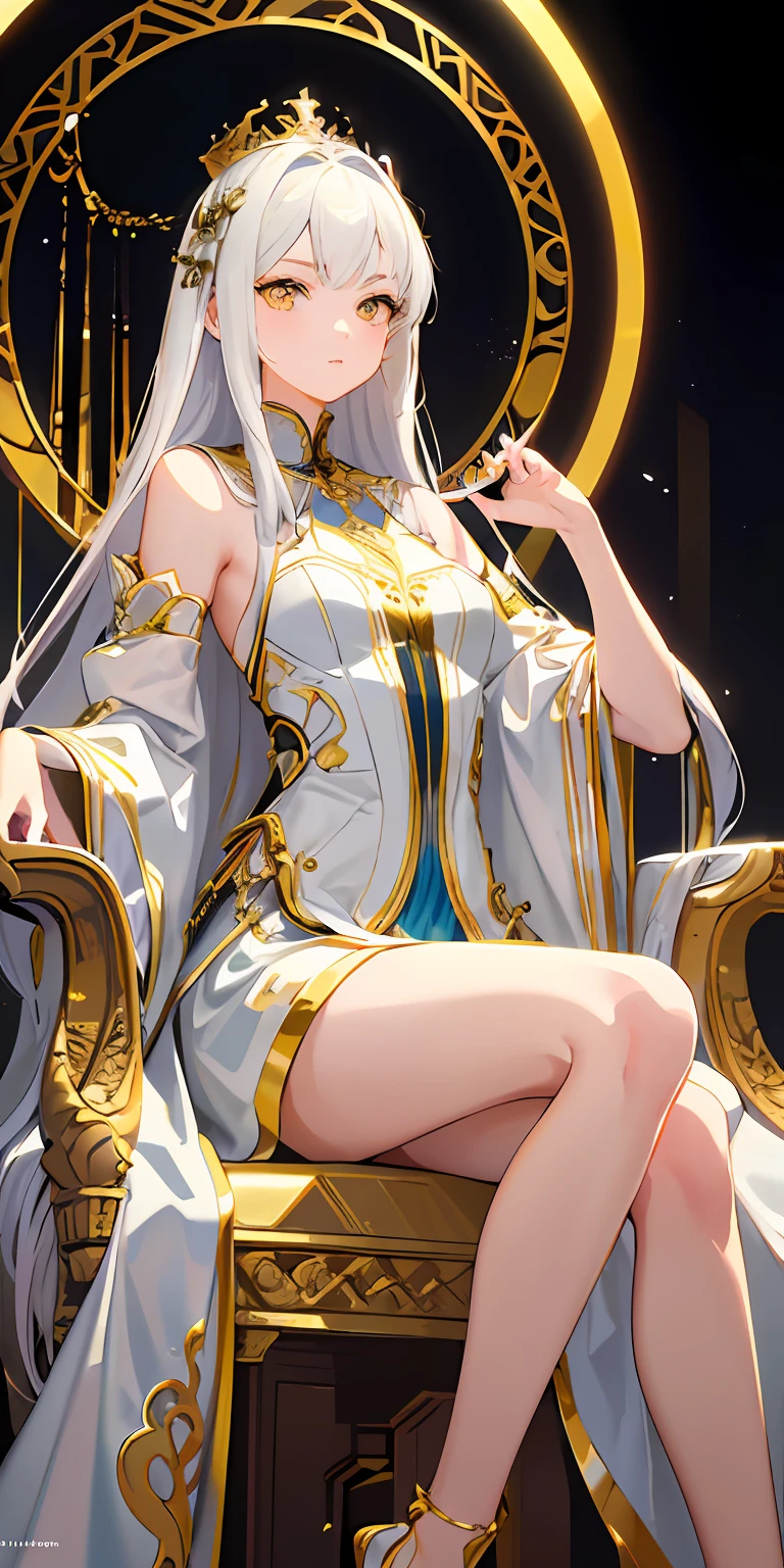 (Masterpiece:1.2), best quality, (illustration:1.2), (ultra-detailed), hyper details, (delicate detailed), (intricate details), (cinematic light, best quality Backlights), clear line, from below, soloist, perfect body, (1girl), white hair and yellow eyes, (emperor, black see-through clothes), (crown: 1.1), sitting on the throne, eyes slightly closed, head down, (shy: 1.2 ), (makeup), high contrast, (best illumination, an extremely create and beautiful), (cinematic light), colorful,