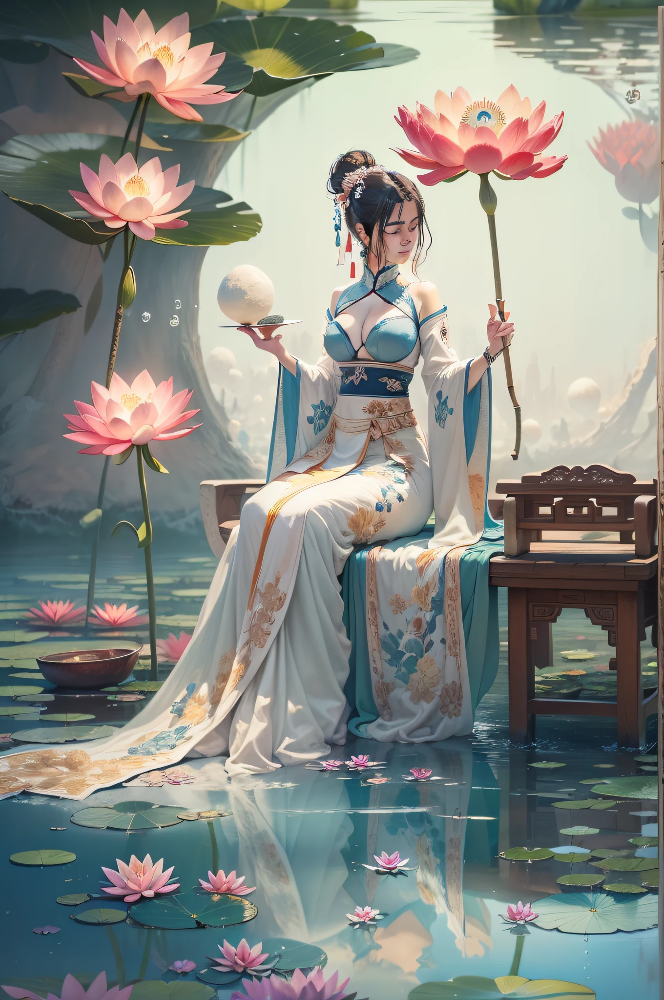 (1girll:1.4), Solo,((:0.75)),(((Small breasts:1))), ((water lilies:1,3)), (glowing ambiance, enchanting glow, luminouslighting, Ethereal atmosphere, A mesmerizing glow, evocative hues, captivating coloration, Dramatic lighting, Enchanting aura), (A girl sits on a bench in a flower field, Palace, A girl in Hanfu, instagram contest winner, in water up to her shoulders, standing gracefully upon a lotus, inspired by Hua Yan, closing her eyes, high priestess tarot card, full-cosplay, water lilies), Ink painting, ((Moon:1)), (Masterpiece, Top quality, Best quality, offcial art, Beautiful and aesthetic:1.2), extreme detailed details, (Chinese style:1.2),theater dance scene,(hypermaximalistic:1.5),Colorful,highest details,,(Breast size:1.8)