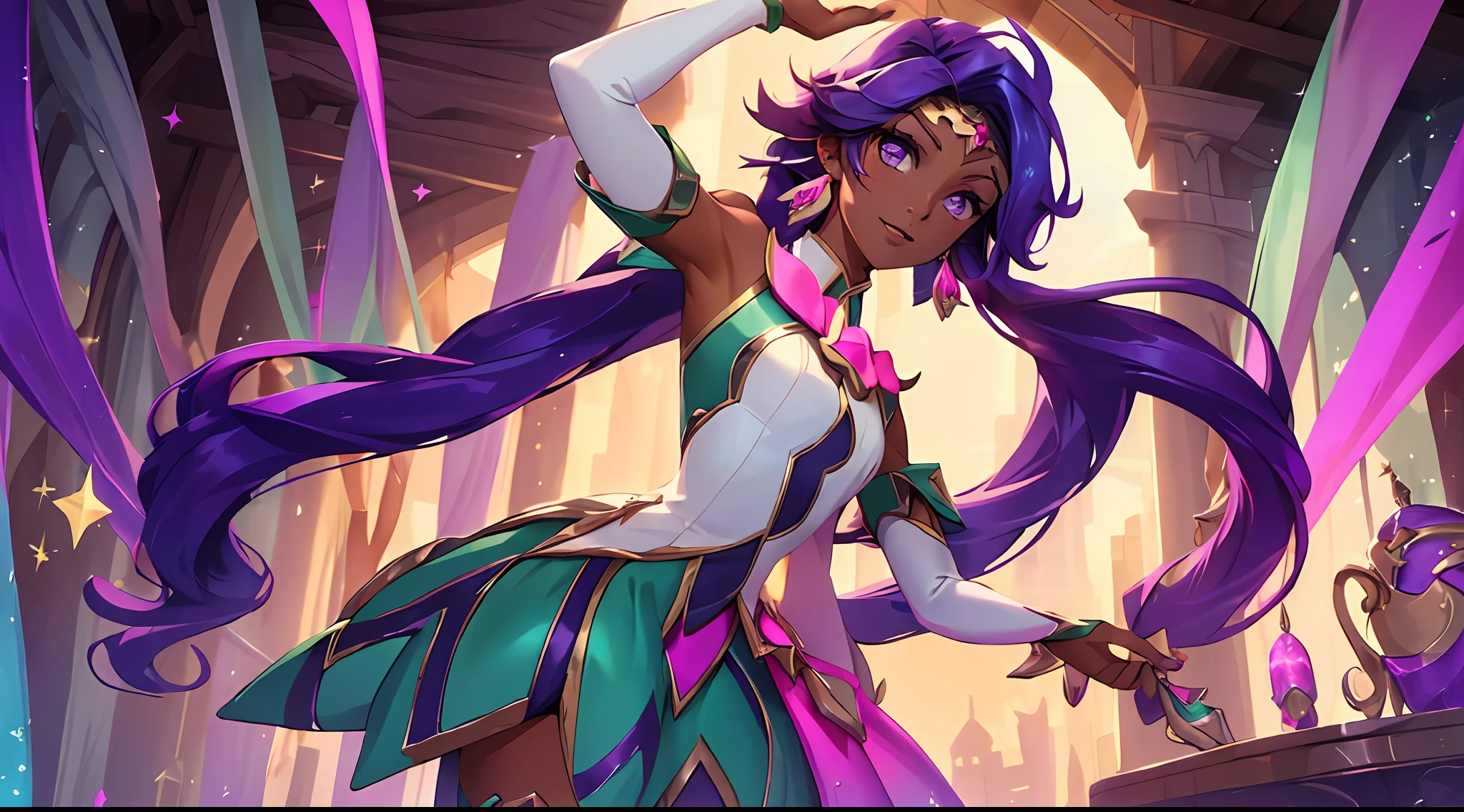 (Masterpiece:1.4), (Best quality:1.2), star guardian nilah, 1girll, Detached sleeves, Green skirt, magical little girl, star guardian \(League of Legends\), Pedras preciosas, Purple hair, Upper body, Cowboy shot