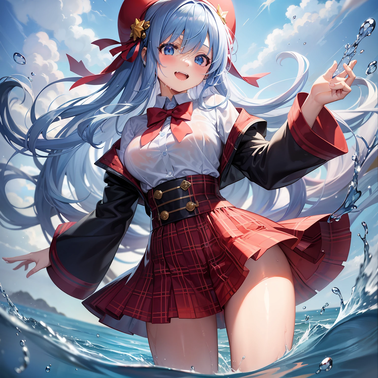 1 girl in、anime styled、full body Esbian、Dancing happily、Water droplets、(blue hairs)、shorth hair、A smile、blue eyess、blazers、Get wet、(Plain white shirt)、(red bowtie)、(Red checked skirt)、(Black stockings)、Absolute area、hightquality、best qualtiy、emphasizing thighs、sea side