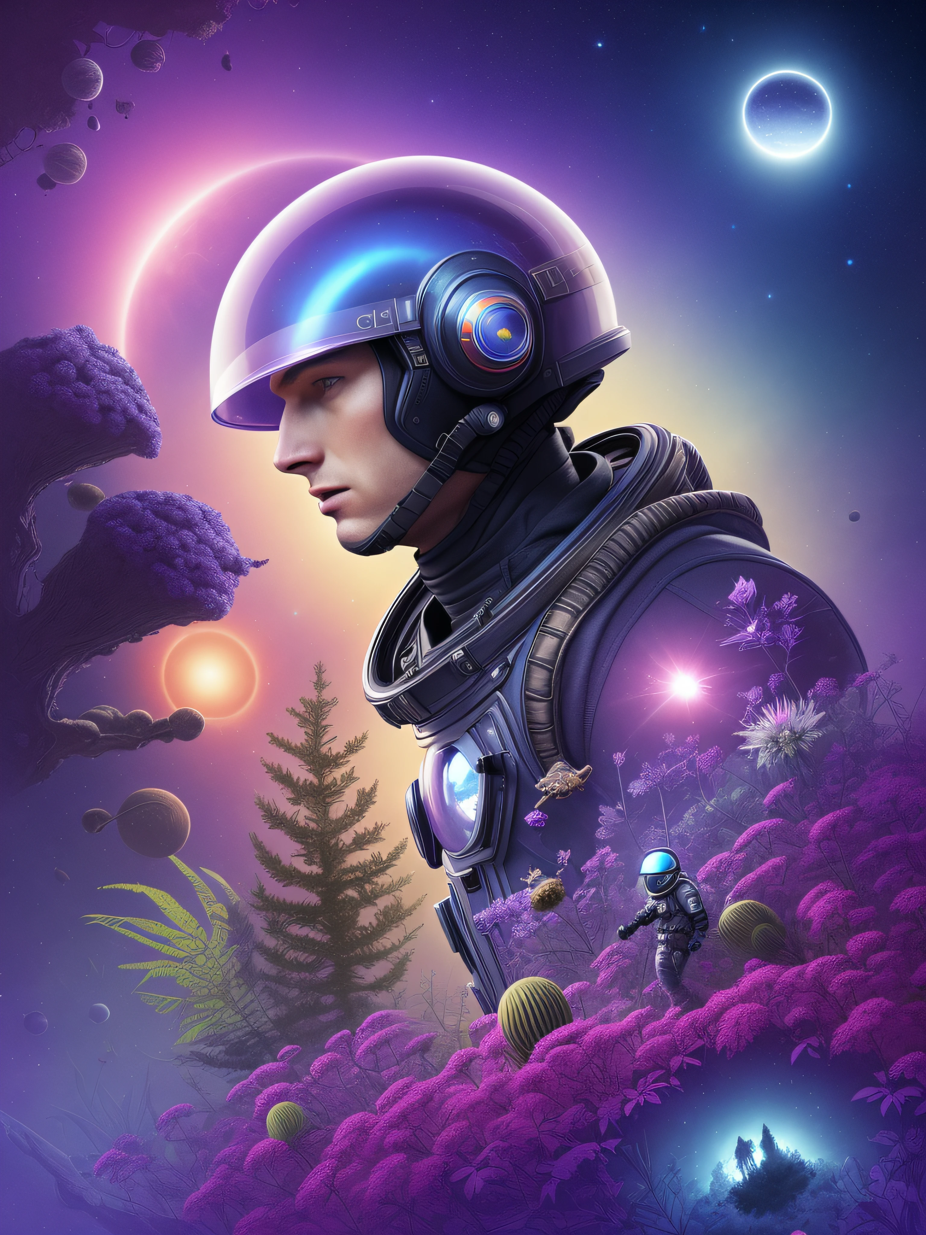 "Inhale courage, exhale fear," an illustration of a brave astronaut exploring an alien planet, surrounded by bizarre  flora and fauna, the astronaut's helmet reflecting the alien landscape, conveying a sense of wonder and discovery, Illustration, using vibrant colors and intricate linework to bring out the details of the alien world, --ar 16:9 --v 5 Empathetic Chris Evans, Low Angle Shot Purple lighting, 70-200mm Pop Art --aspect 1:1 --s 750 --v 5.2