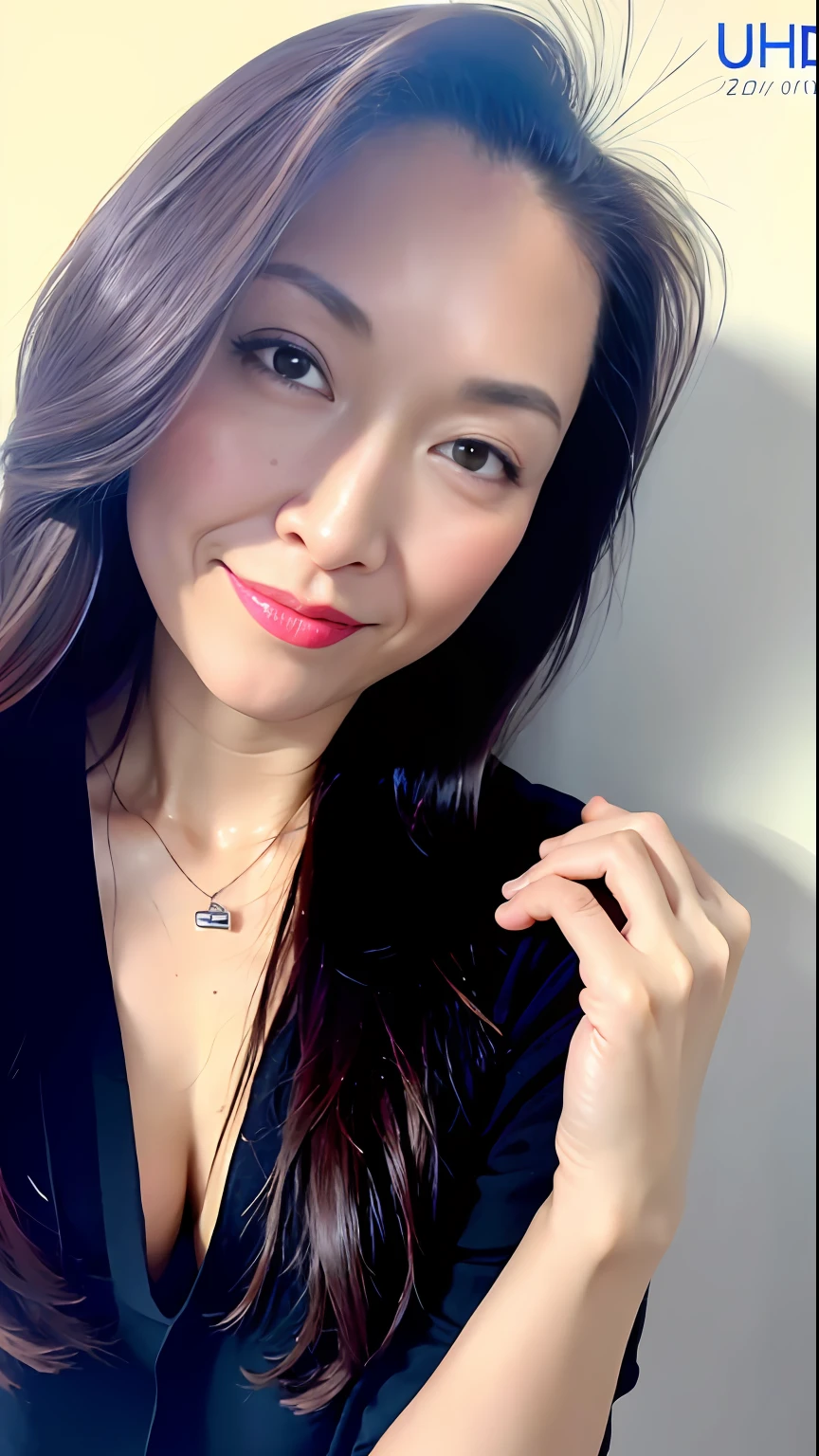 (Best quality, 8k, 32k, Masterpiece, UHD:1.2),Photo of Pretty woman, large breasts,upper body,face focus,oversized_sweater, necklace, simple background, from above, looking at viewer,