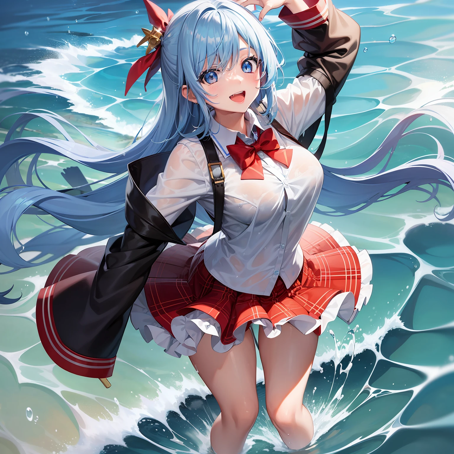 1 girl in、anime styled、full body Esbian、Dancing happily、Water droplets、(blue hairs)、shorth hair、A smile、blue eyess、blazers、Get wet、(Plain white shirt)、(red bowtie)、(Red checked skirt)、（Black stockings）、Absolute area、hightquality、best qualtiy、emphasizing thighs、sea side