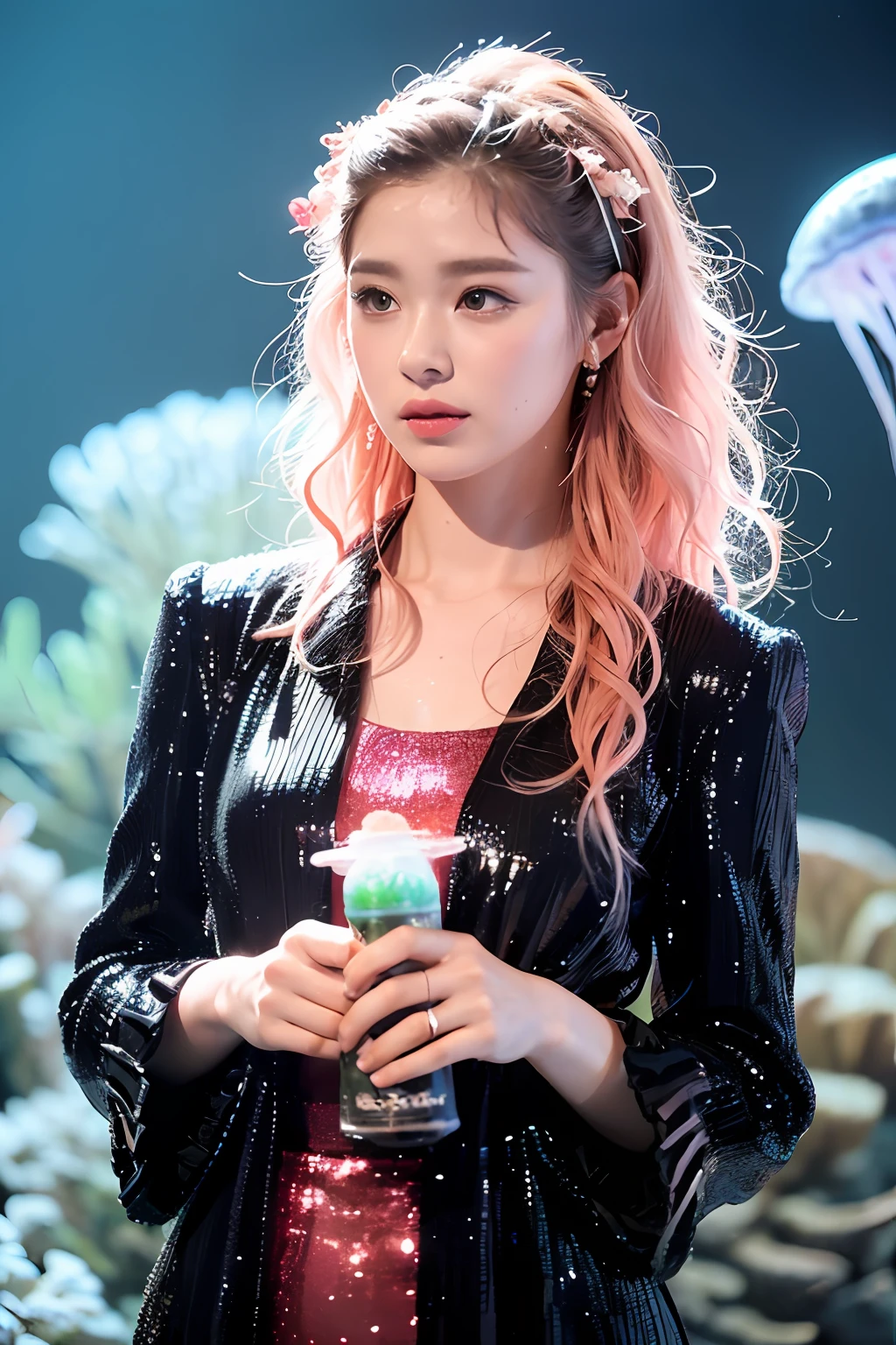 (extra detailed body、extra detailed face、best qualtiy:1.2)、femele、looking at the viewers、(Pink-based sequins、Fashionable flashy clothes like a fashion show with a lot of buttons、There are 10 round transparent hair ornaments and 20 rose flowers on her hair.、White coral reef covered from hair to face。Pink afro hair)、(under the water、Surrounded by white coral reefs、50 jellyfish:1.4)