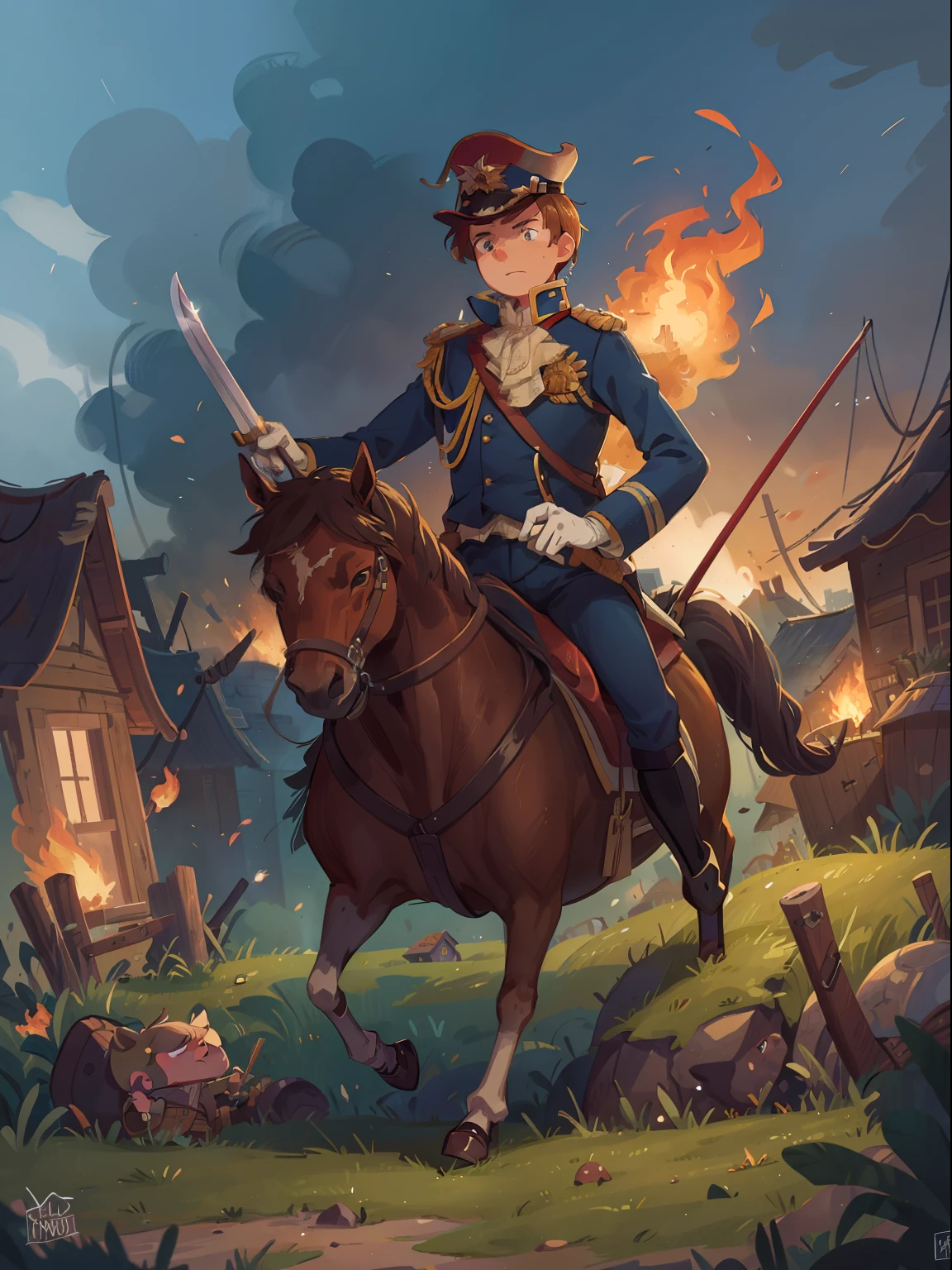 Holland soldiers 1800, Napoleon's style uniform, dark blue uniform, heroic, ride horse, sword, battlefield , at night, full body view, background burning village, fire