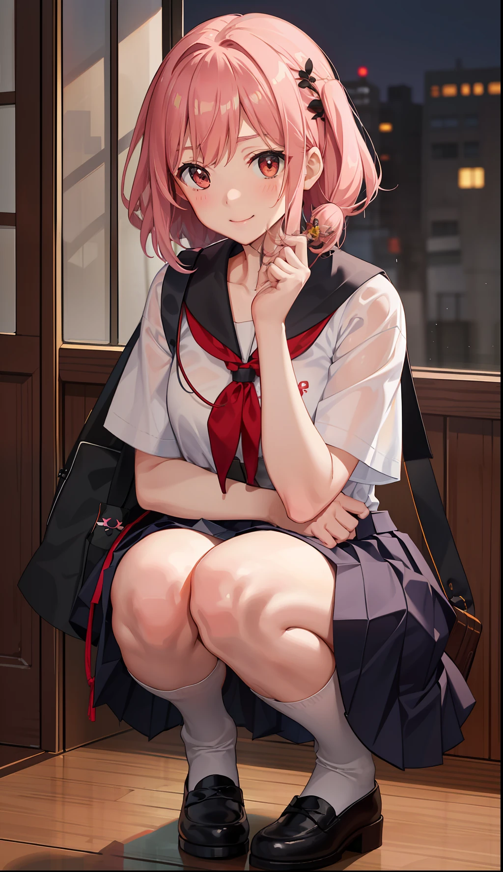 1girl in、A smile、The shirt、skirt by the、(small tits)Chilarism、Japan High School Student Uniform、serafuku、summer clothing、Squall Drenched Uniform、(Sheer Bra)、Upper body portrait、light cream hair、Squatting panchira、