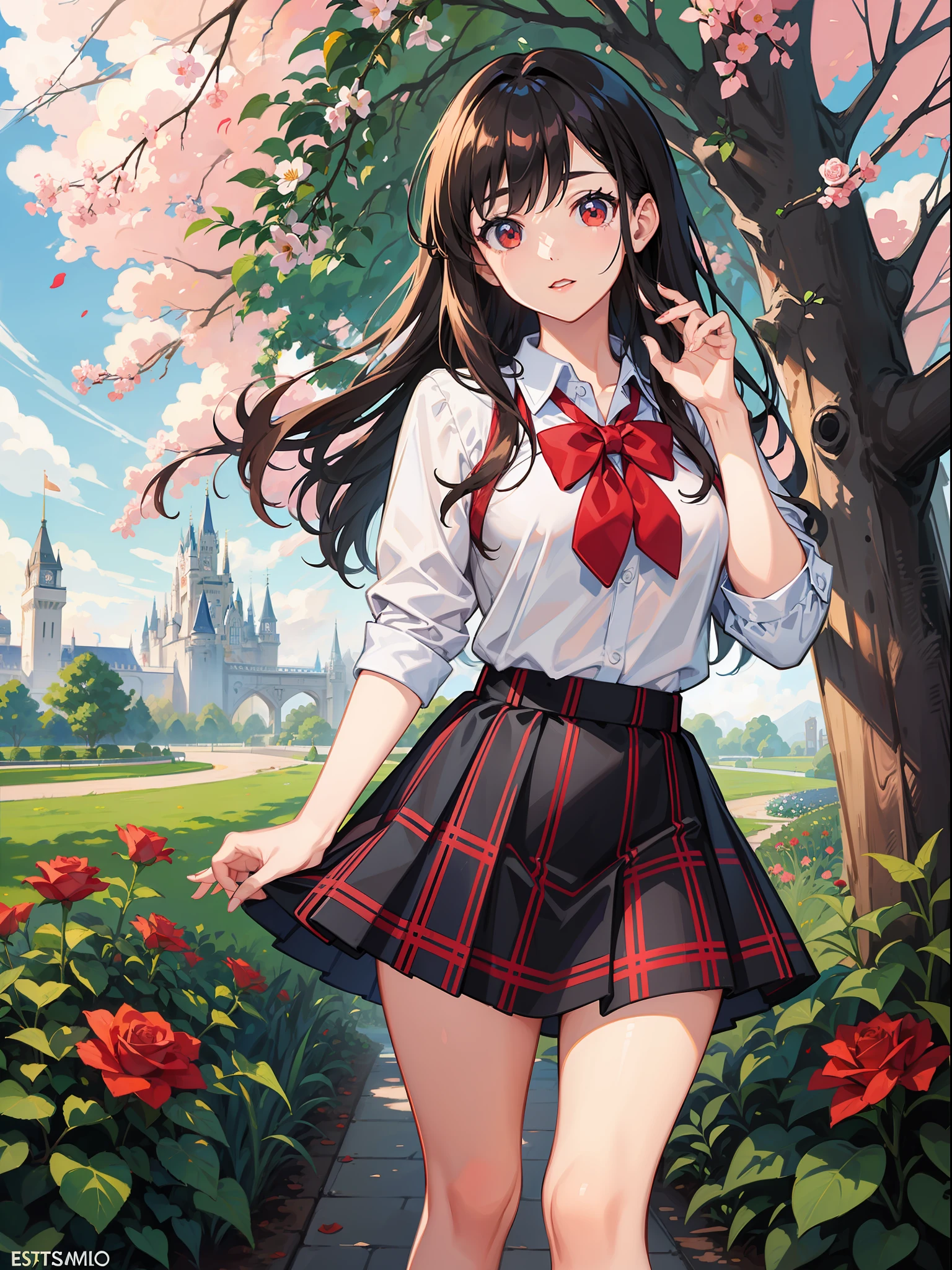 Girl dressed as a schoolgirl in white shirt and red and blue checkered miniskirt. Standing in a rose garden. Estilo disney. estilo cartoon. Pintura digital
