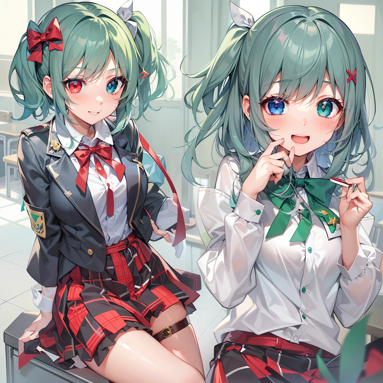 1 girl in、anime styled、full body Esbian、(blue hairs)、shorth hair、A smile、red tide、(Heterochromia, Emerald green eyes and bright blue eyes:1.3)、blazers、、(Plain white shirt)、(red bowtie)、(Red checked skirt)、（Black stockings）、Absolute area、hightquality、best qualtiy、emphasizing thighs、school classrooms