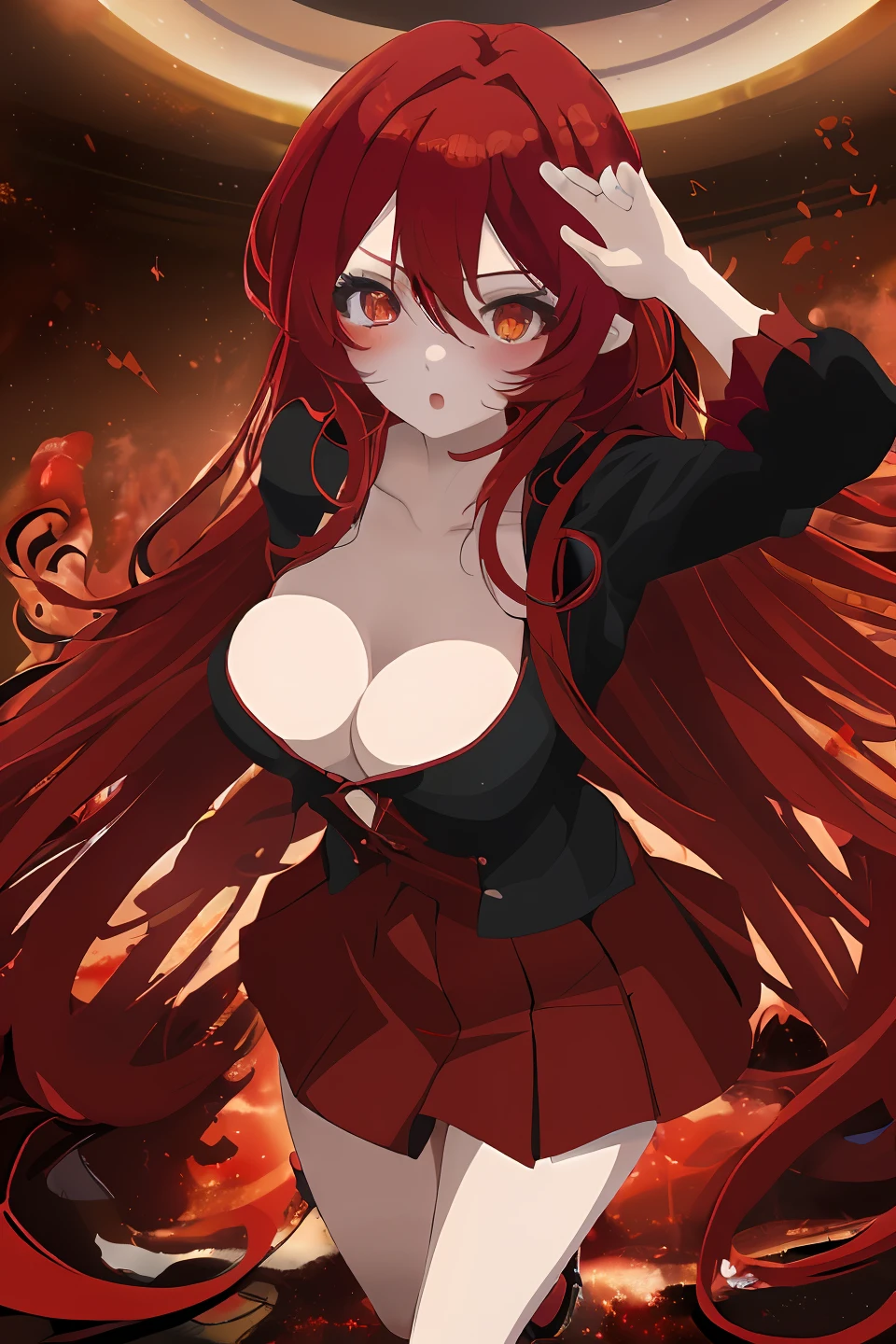 1 anime girl, red hair, black and red skirt, short clothes, medium breasts, cleavage, golden eyes, ray tracing, very long hair, masterpiece, hair between eyes, blush, partially nude, sexy, dynamic poses