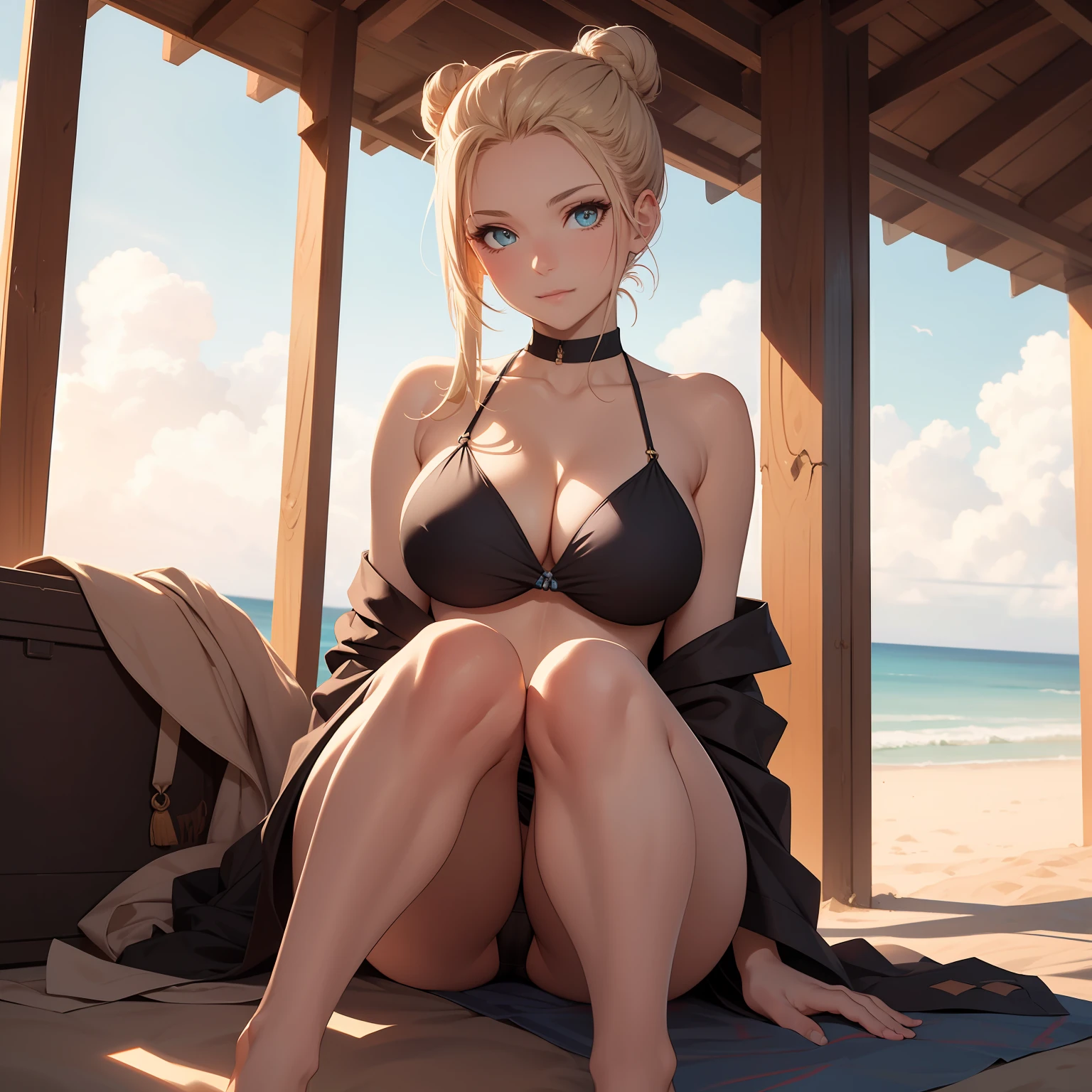 (masterpiece, best quality), photorealistic, cinematic, anime girl in high-neck bikini set with a sheer, oversized beach kimono, seaside, 1 girl, blonde hair, (Half-Up Bun hairstyle:1.5), full-body shot, head to toe visibility, perfect anatomy, curvaceous body, alluring, long round legs, medium-sized cleavage, perfect eyes, perfect hands, sitting on the sand with crossed legs, slightly leaned back on one hand while the other hand rests on the knee. The model's posture should exude comfort and confidence, embracing the beachy vibe, a playful and relaxed expression, perhaps a half-smile that communicates both a sense of enjoyment and a touch of mystery, the model's gaze can be directed towards the camera, inviting a connection with the viewer, extremely detailed Artgem, ig model, artgem, alena aenami and artgem, krenz cushart and artgem, artgem and atey ghailan