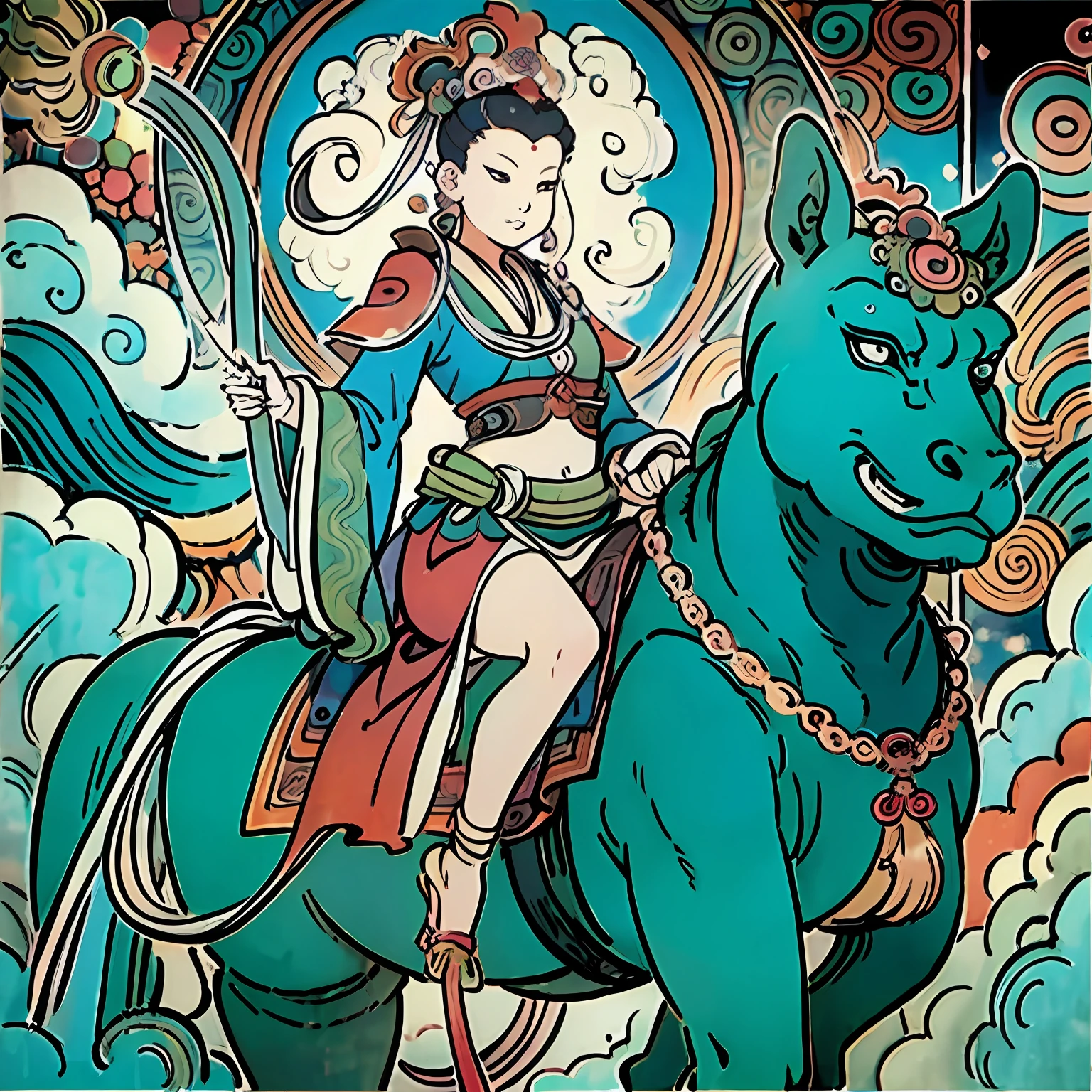 Guan yin,Guanyin Bodhisattva riding on a white elephant with sky background, inspired by Tawaraya Sōtatsu, Guanyin, guanyin of the southern seas, bodhisattva, contented female bodhisattva, author:Tahara Yanagi Soda, white-haired god, author:Asainaka, Thangka