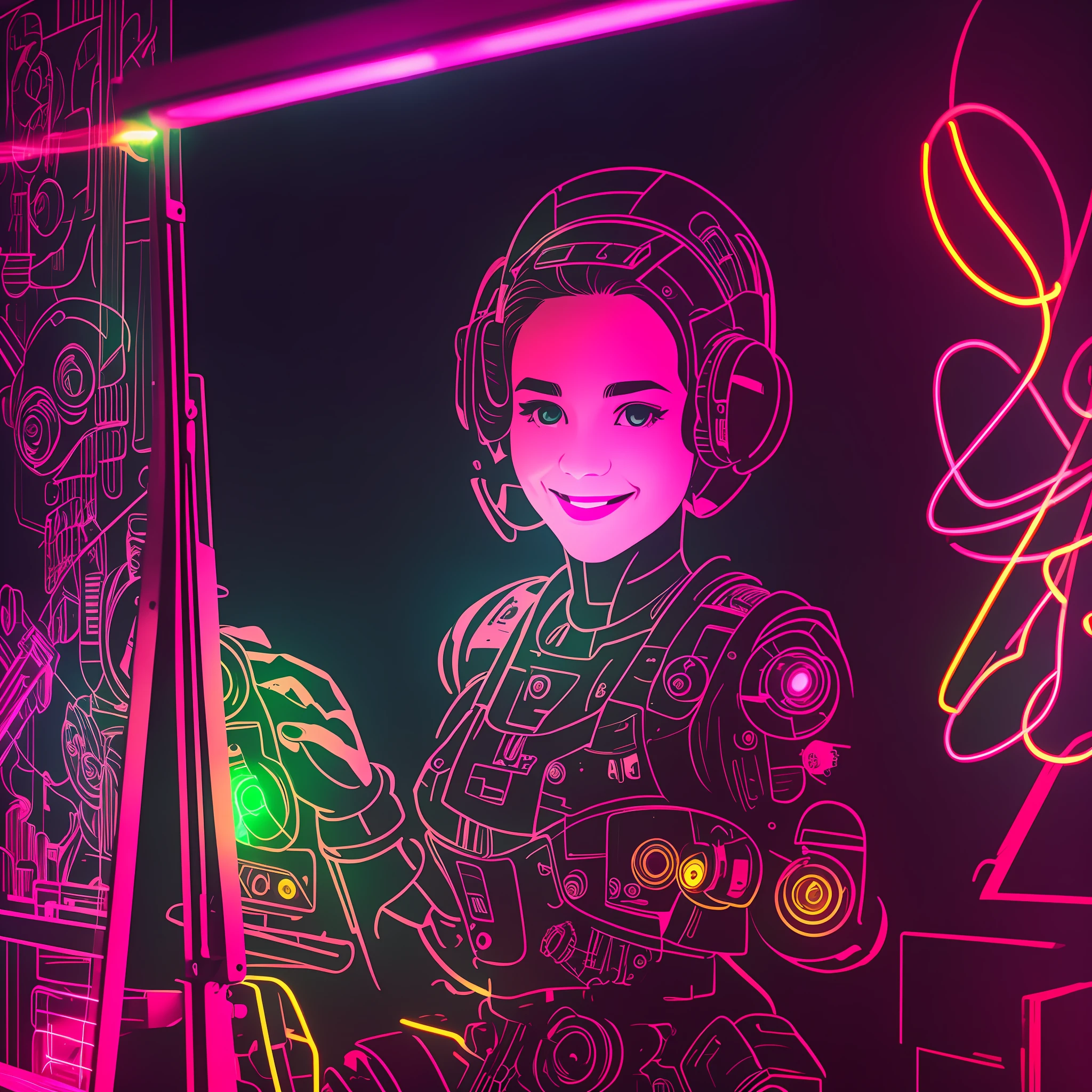 A smiling girl of 25 years old, draws a picture at an easel, robots in the picture, neon glare around