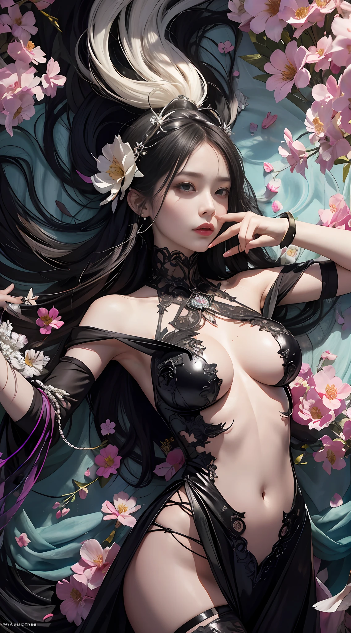 offcial art， Unity 8k壁纸， ultra - detailed， Beauty and aesthetics， big breasts beautiful， tmasterpiece， Best quality at best， （Zen entanglement， datura， Tangles， tangled）， dynamic angle， cowboy lens， The most beautiful forms of chaos， ellegance， Fauvistdesign， vivd colour， romanticism lain， James Jean， Robbie Devi Antono， ross tran， Francis Bacon， Michal Mraz， adrian ghenie， petra cortright， Gerhard Richter， Takato Yamamoto， Ashley Wood， atmospurate，enjoy a stream of music，There you can imagine musical notes，??????? of flower，Visible streaming notes，flower_style，Rainbow candy，style-swirlmagic，gigantic cleavage breasts，boobgasm，Invades pronounced cleavage，The areola is pronounced，Protruding