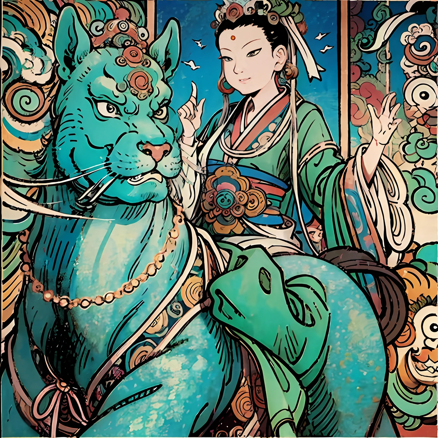 Guan yin，Guanyin Bodhisattva riding on a white elephant with sky background, inspired by Tawaraya Sōtatsu, Guanyin, guanyin of the southern seas, bodhisattva, contented female bodhisattva, author：Tahara Yanagi Soda, white-haired god, author：Asainaka, Thangka