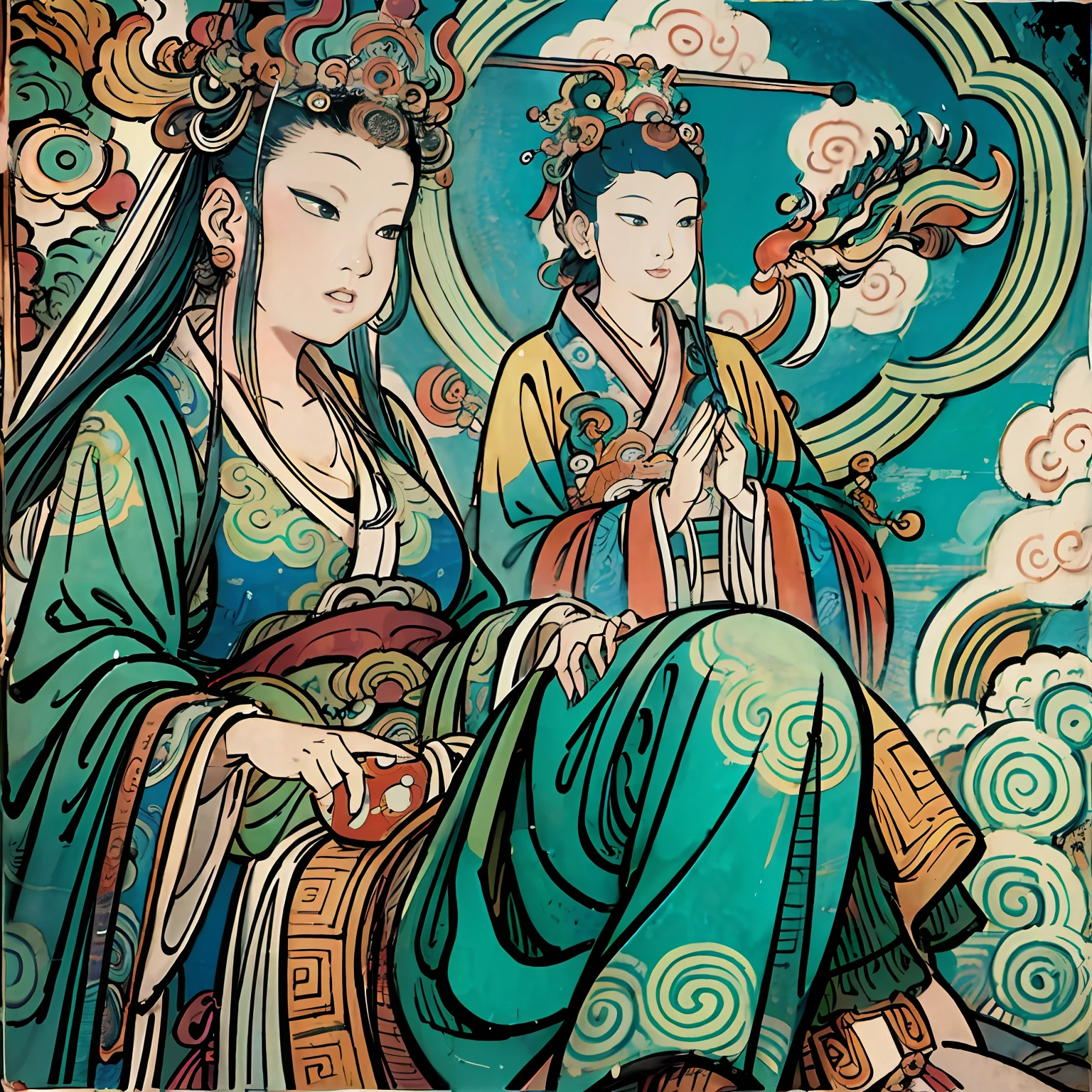 Guan yin,Guanyin Bodhisattva riding on a white elephant with sky background, inspired by Tawaraya Sōtatsu, Guanyin, guanyin of the southern seas, bodhisattva, contented female bodhisattva, author:Tahara Yanagi Soda, white-haired god, author:Asainaka, Thangka