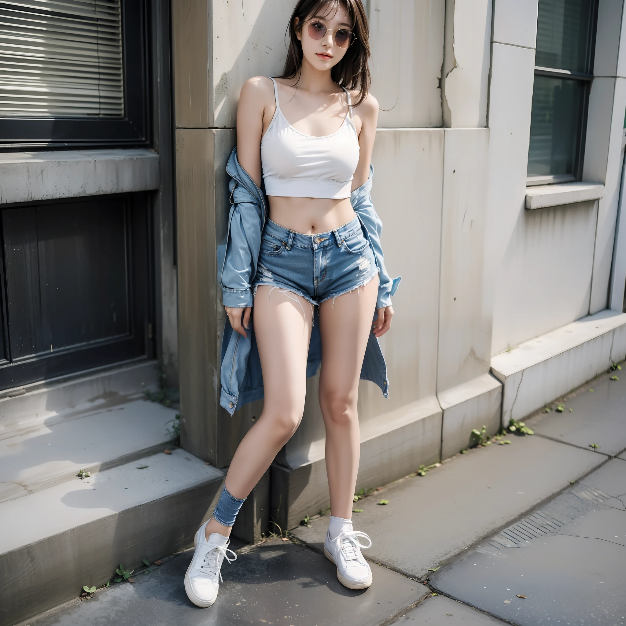 masterpiece1.3，High picture quality，detailed detail，Advancedsense，Full body photo of a young girl，Teenage girl in sunglasses，real photograph，dynamic angle，Shishi Japan of Girls，street photos，Sky blue ripped jeans，white camisole，No bra，Delicate legs，Leaky stomach，Leaky shoulders，