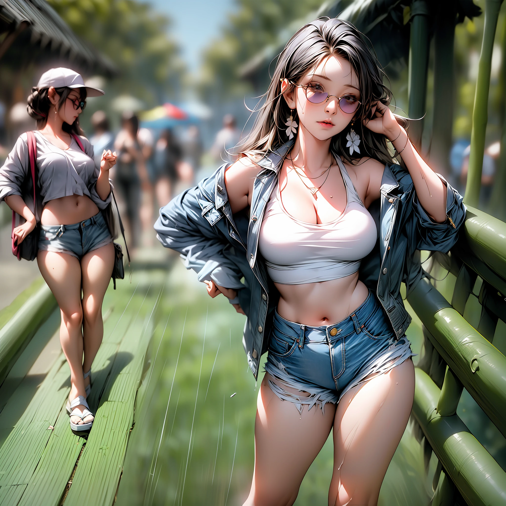 masterpiece1.3，High picture quality，detailed detail，Advancedsense，Full body photo of a young girl，Teenage girl in sunglasses，real photograph，dynamic angle，Shishi Japan of Girls，street photos，Sky blue ripped denim shorts，White cartoon character shirt，No bra，Delicate legs，Leaky stomach，Leaky shoulders，