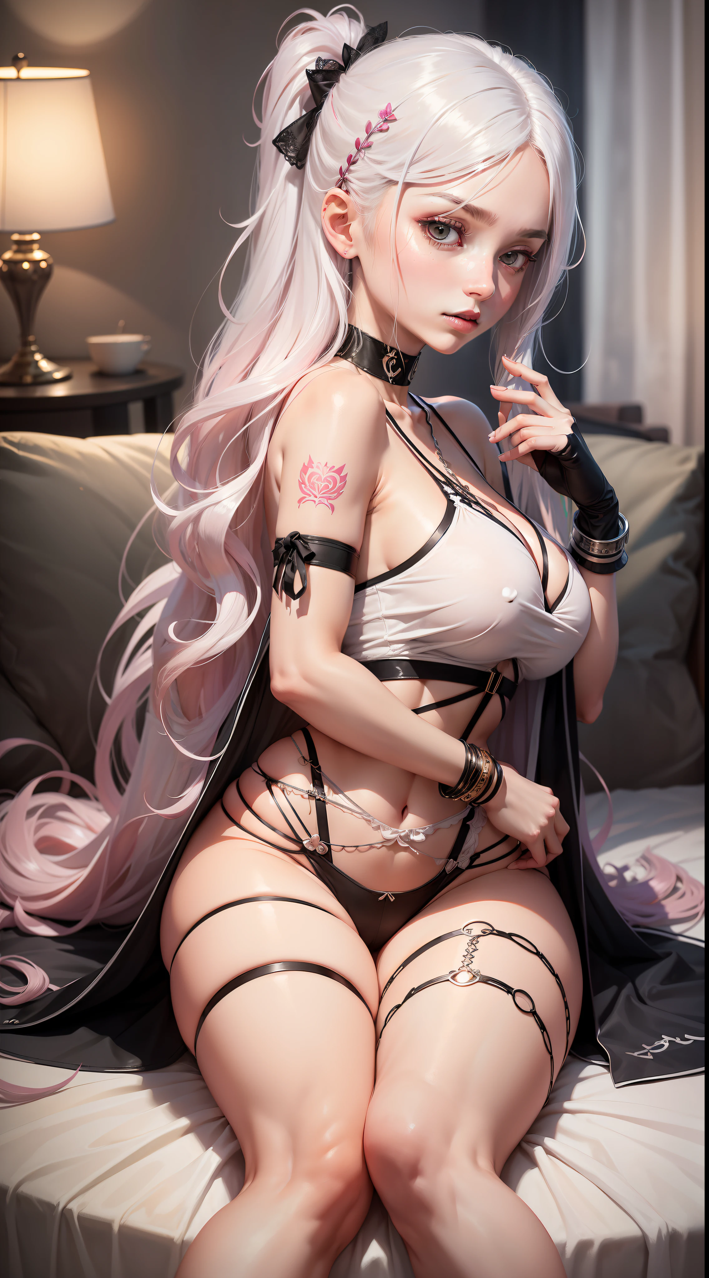 High-quality characters,4k,1个Giant Breast Girl,nakeness,Morning,Natural soft light,on back,inside in room,Lie face down on the sofa,Back view,White and tender skin,There is a pink tattoo on the back,medium boob,Thin waist,Thin legs,Lean body type,White lace knee-length socks on the left leg,Black lace knee-length socks on the right leg,Long white lace gloves on the left arm,transparent shawl,Light pink double ponytail,long whitr hair,White hairpin,choker necklace,waist chains,leg loops,Leg chains,foot ring,Bracelet。