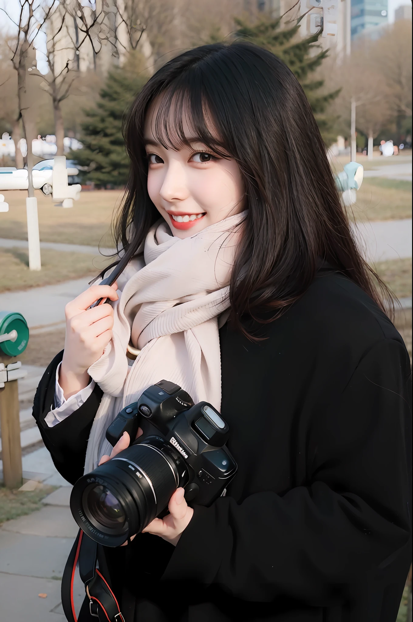 Stand in the park smiling holding camera，Manhwa Style