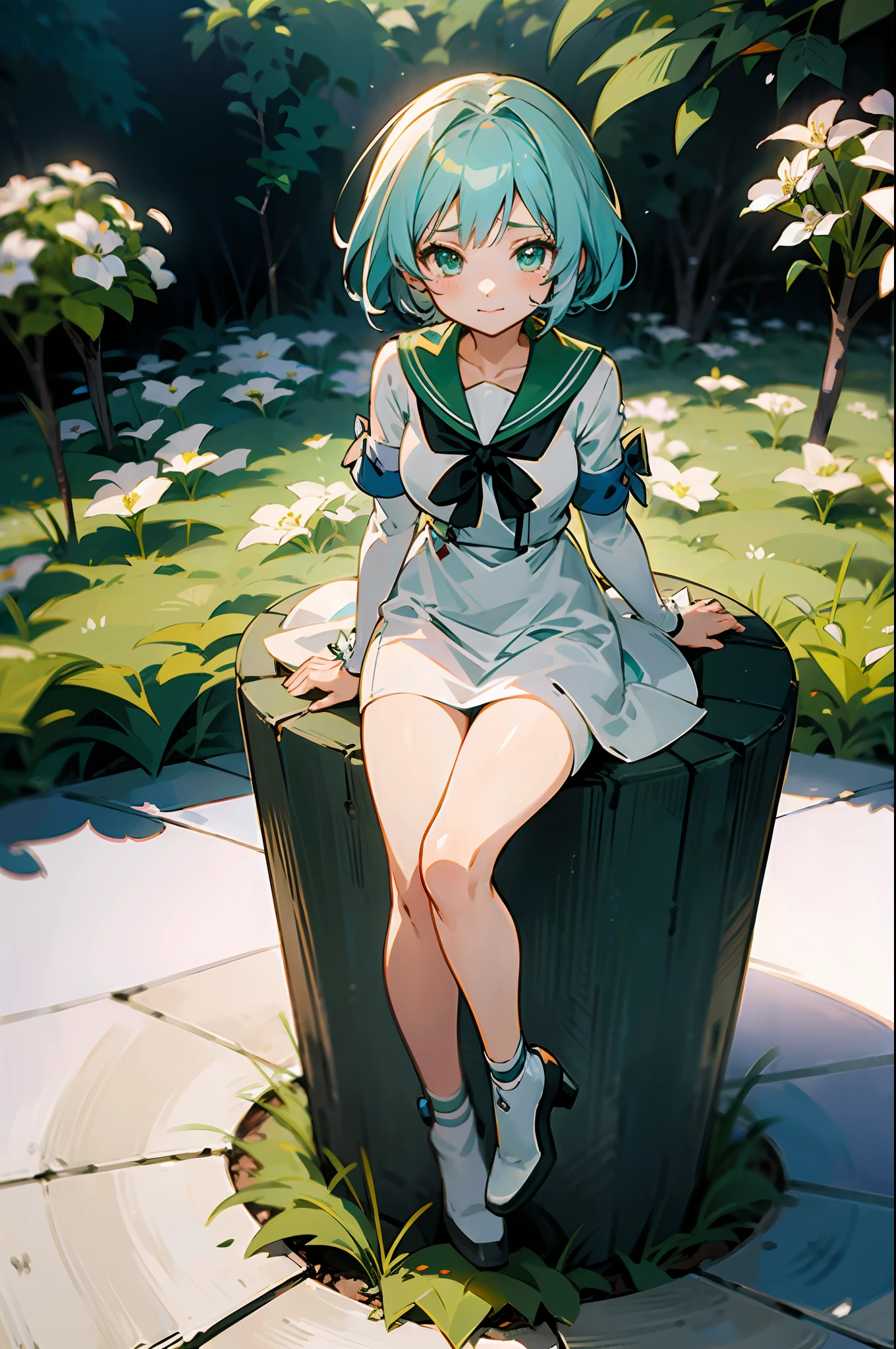 anime girl with white hair, cyan eyes, wearing white dress , anime moe artstyle, full body,seductive anime girl, sittinng on garden, white and green flowers classroom, cute anime 8 k, , (anime girl), zerochan art, 1girl, h, high res, ultrasharp, 8k, masterpiece, perfect body, perfect face, cute face,