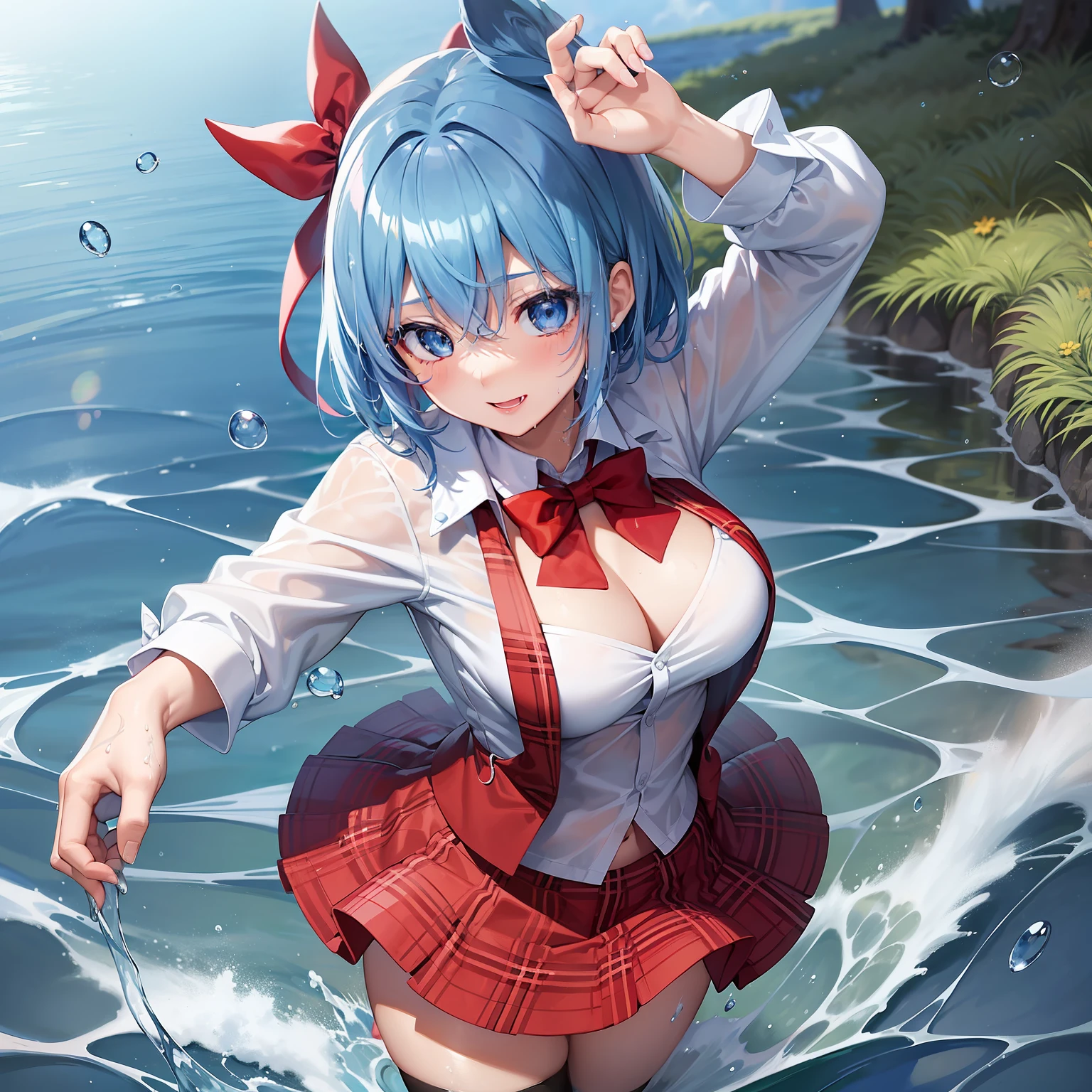 1 girl in、anime styled、full body Esbian、Dancing happily、Water droplets、(blue hairs)、shorth hair、A smile、blue eyess、blazers、Get wet、(Plain white shirt)、(red bowtie)、(Red checked skirt)、(Black stockings)、Absolute area、hightquality、best qualtiy、emphasizing thighs、sea side