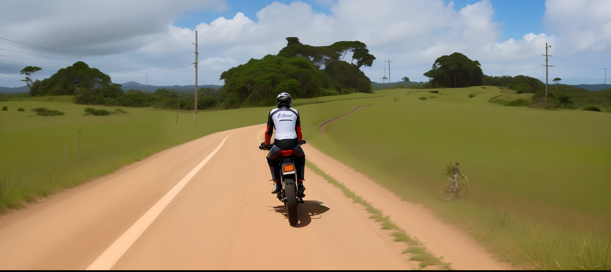 There's a man riding his bike down a dirt road, Viajando por longa estrada de terra, Shipibo, tiro traseiro, vias verdes amplas, Costas - Tiro, Andar na trilha, Alma piedosa, Malika Favre, exploration, tiro traseiro, ciclismo!!, Photo taken from behind, rear facing, scenecy, imagem de um motociclista masculino, arredores detalhados