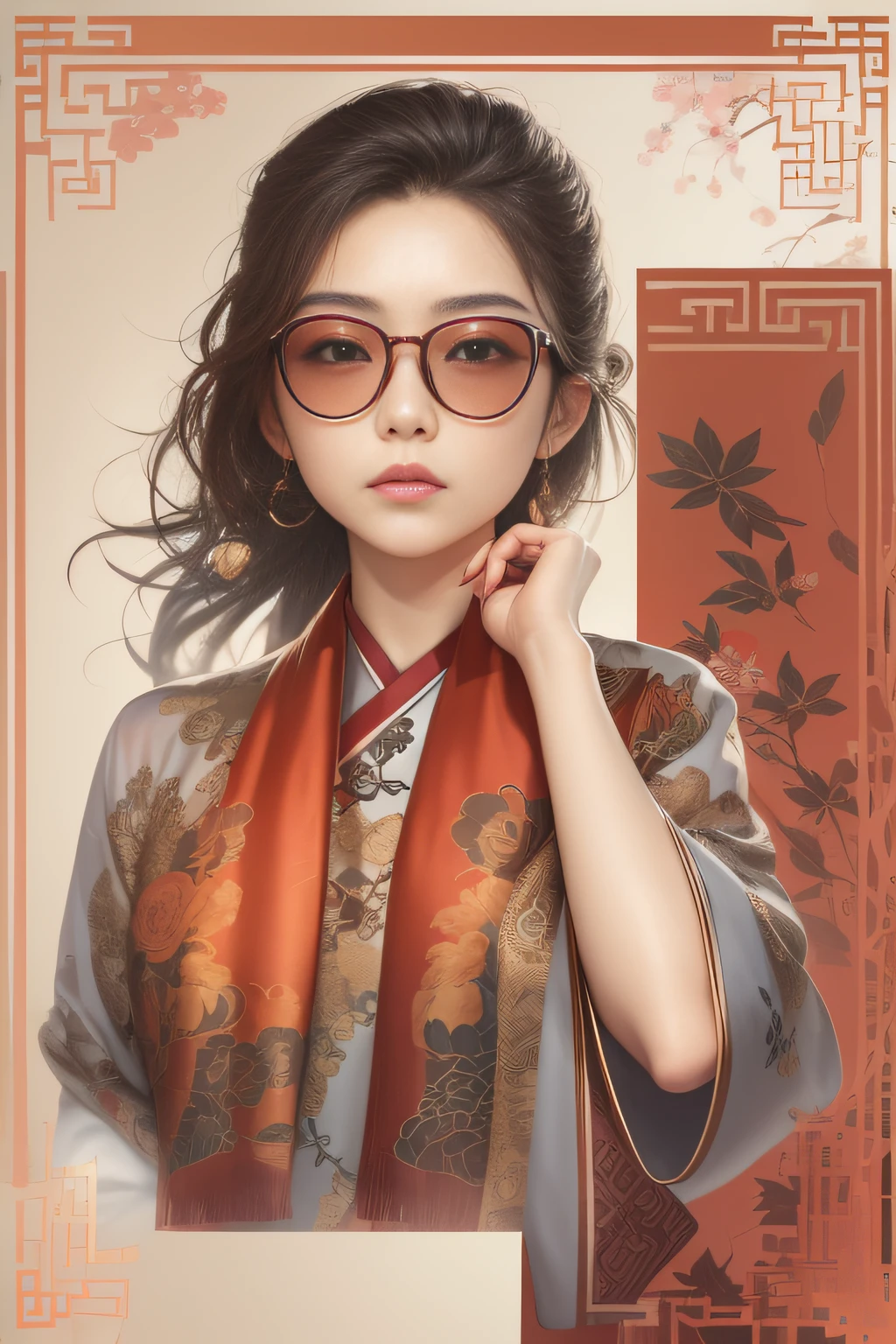 （China - chic Chinese intellectual girl，anatomy correct，Wear stylish glasses，Draped in a silk scarf：1.2，Oriental elements），（Color card description：1.4），（China - Fashion illustration：1.5，Vector painting：1.5），（Chinese colors，senior color matching，gradient backgrounds，white backgrounid），（The is very detailed，reasonable design，Clear lines，High- sharpness，best qualtiy，tmasterpiece，offcial art，movie light effect，4K）