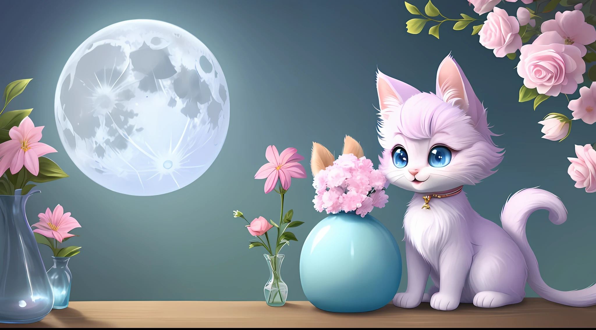 A kitten with a tiny tail, a small nose, small ears, blue eyes, pink background, flowers, vases, dreams, open mouth, smile, Caroline Chariot-Dayez pastels, tumblr, furry art, elokitty, Disney's Bambi cat, Disney's stylized furry, ears floating, fluffy tail, fluffy '', fluffy !!!, high resolution, furry art!!! The moon, small in size