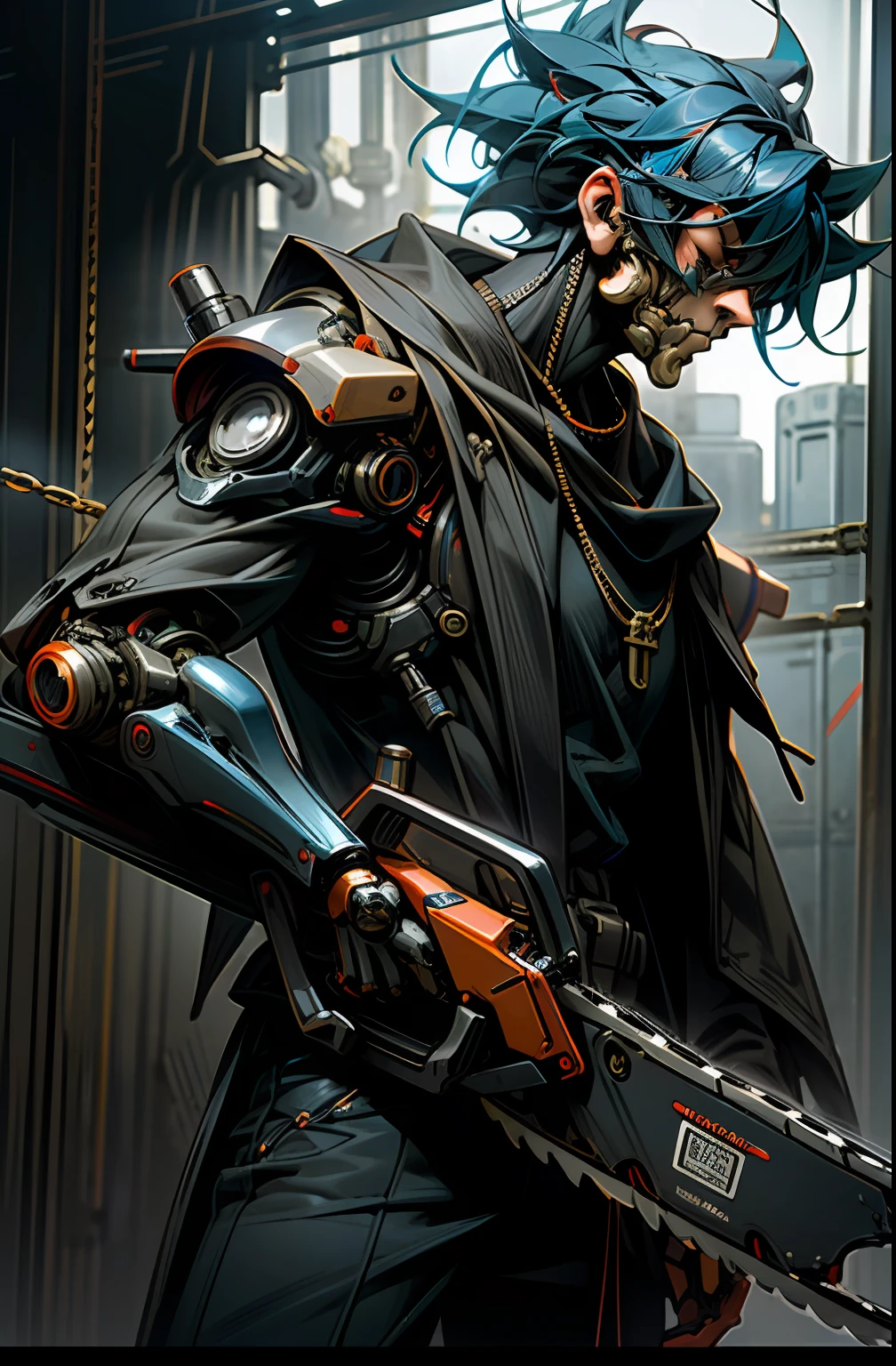 Dark_Fantasy,Cyberpunk,(chain saw,chain saw man,Red:1.1),1man,Mechanical marvel,Robotic presence,Cybernetic guardian, blue color