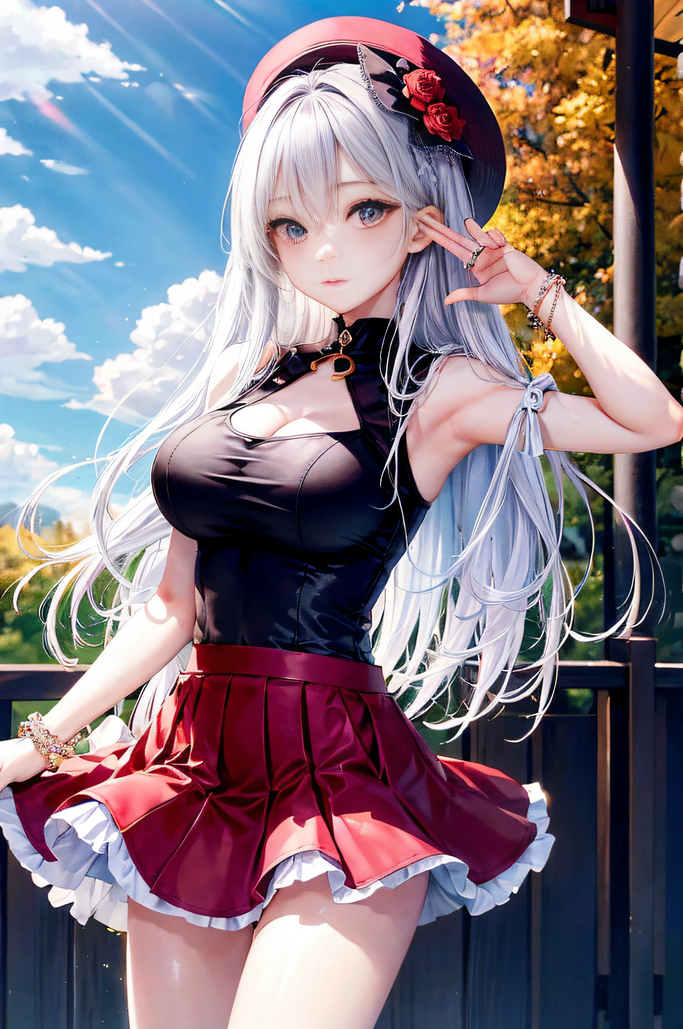 Top image quality、Raw photography、超A high resolution、Cute girl at 18 years old、Shooting for one person only、big round chest、cleavage of the breast、Patterned tank top、Skirt、Shiny hair、Beautiful Eyes of Details、very elongated eyes、Beautiful eyelashes、Beautiful double eyelids、Beautiful legs、very thin thighs、very slender legs、eyeshadows、耳Nipple Ring、Posing like a fashion model、Wear clothes of famous designers、Summer and autumn costumes