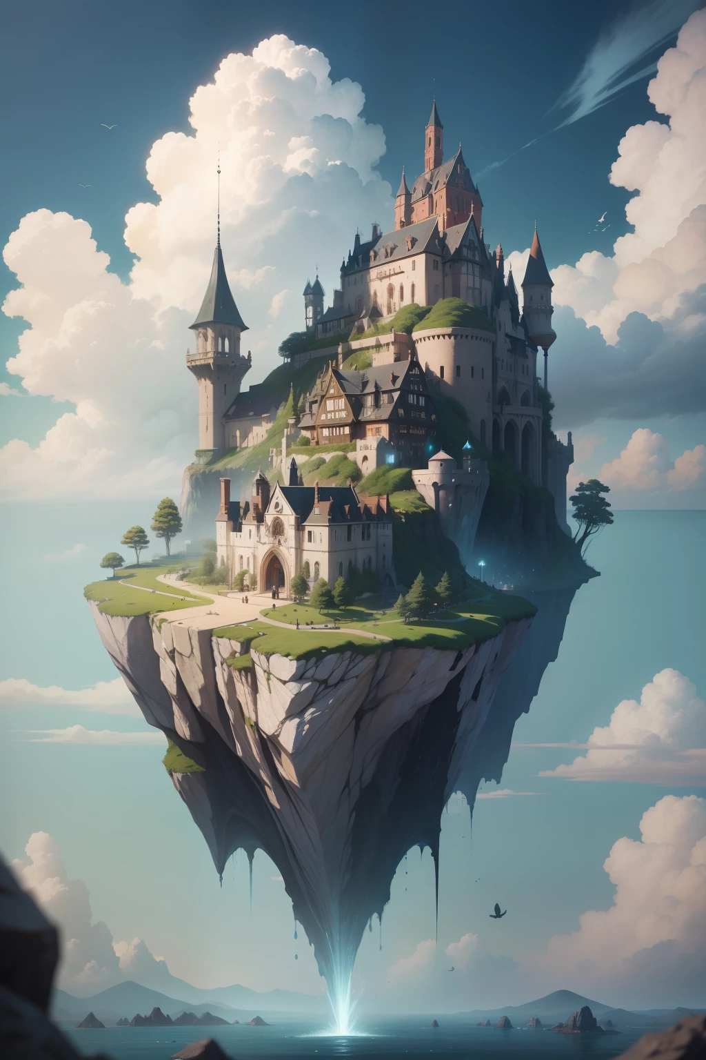 dynamic viewing angle,(levitating:1.5),(A medieval fantasy city floating on the sea:1.3),mirai,(Thick clouds under rocks:1.4),in style of hayao miyazaki,Rejoice,Perfect quality,Clear focus(Clutter - home:0.8), (tmasterpiece:1.2), (realisticlying:1.2) ,(Bokeh:0.5), (best qualtiy), (detailedskin:1.3) ,(complexdetails), (8K), (detailedeyes) ,(Sharp focus),,(having fun),(Award-winning digital artwork:1.3) af (sketching:1.3),(with dynamism:1.3),studiolight,Theme