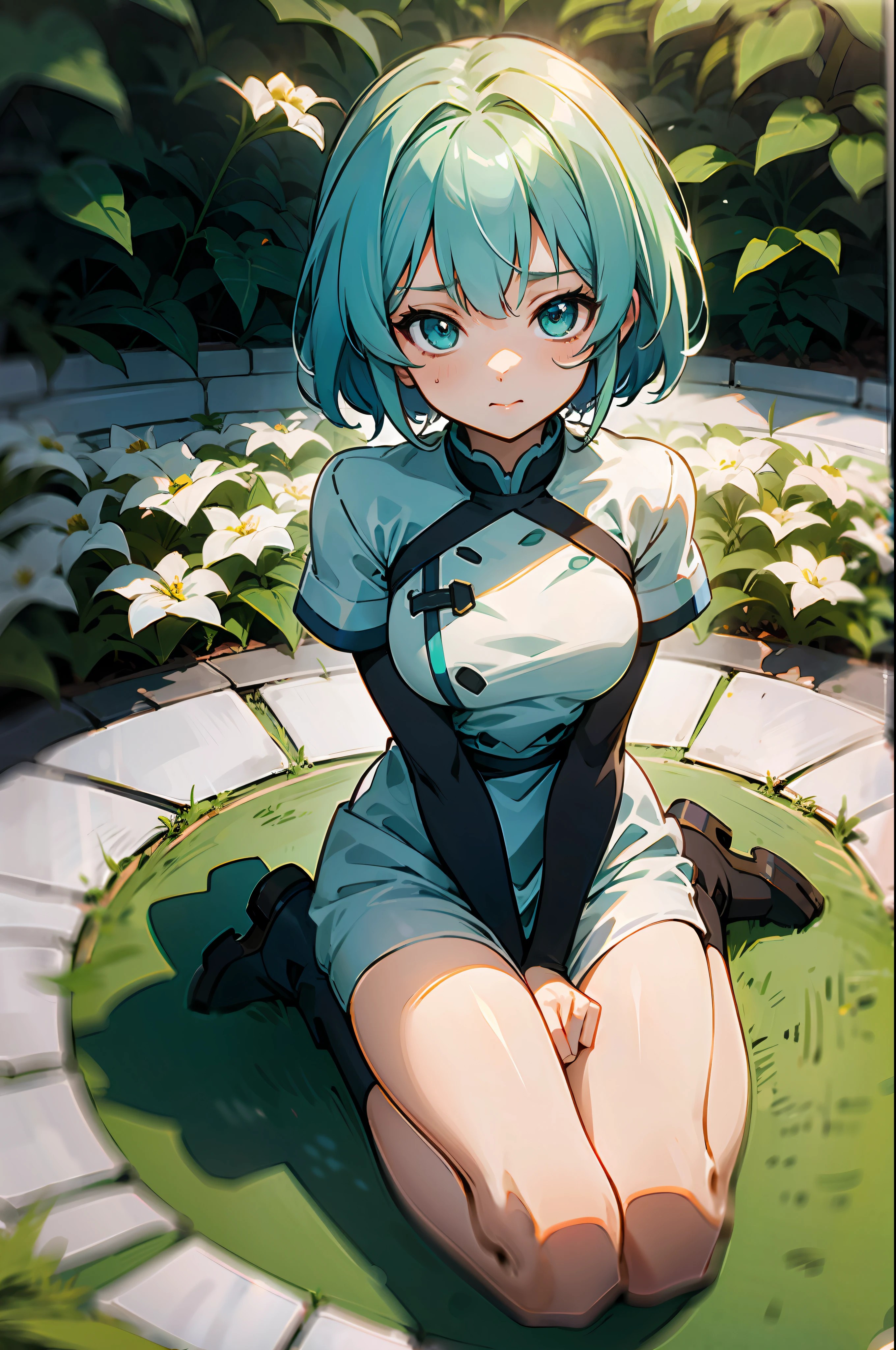 anime girl with white hair, cyan eyes, wearing white dress , anime moe artstyle, full body,seductive anime girl, sittinng on garden, white and green flowers classroom, cute anime 8 k, , (anime girl), zerochan art, 1girl, h, high res, ultrasharp, 8k, masterpiece, perfect body, perfect face, cute face,