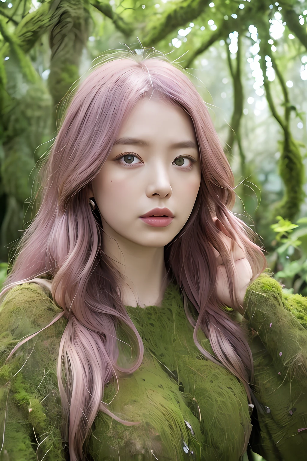 (extra detailed body、extra detailed face、best qualtiy:1.2)、femele、looking at the viewers、(The face of a person looking up、Purple and pink ivy coiled and covered。Mystical light、Hair is full of ivy。)、(Forest in the background、5 round, oddly shaped houses covered with moss and ivy:1.4)