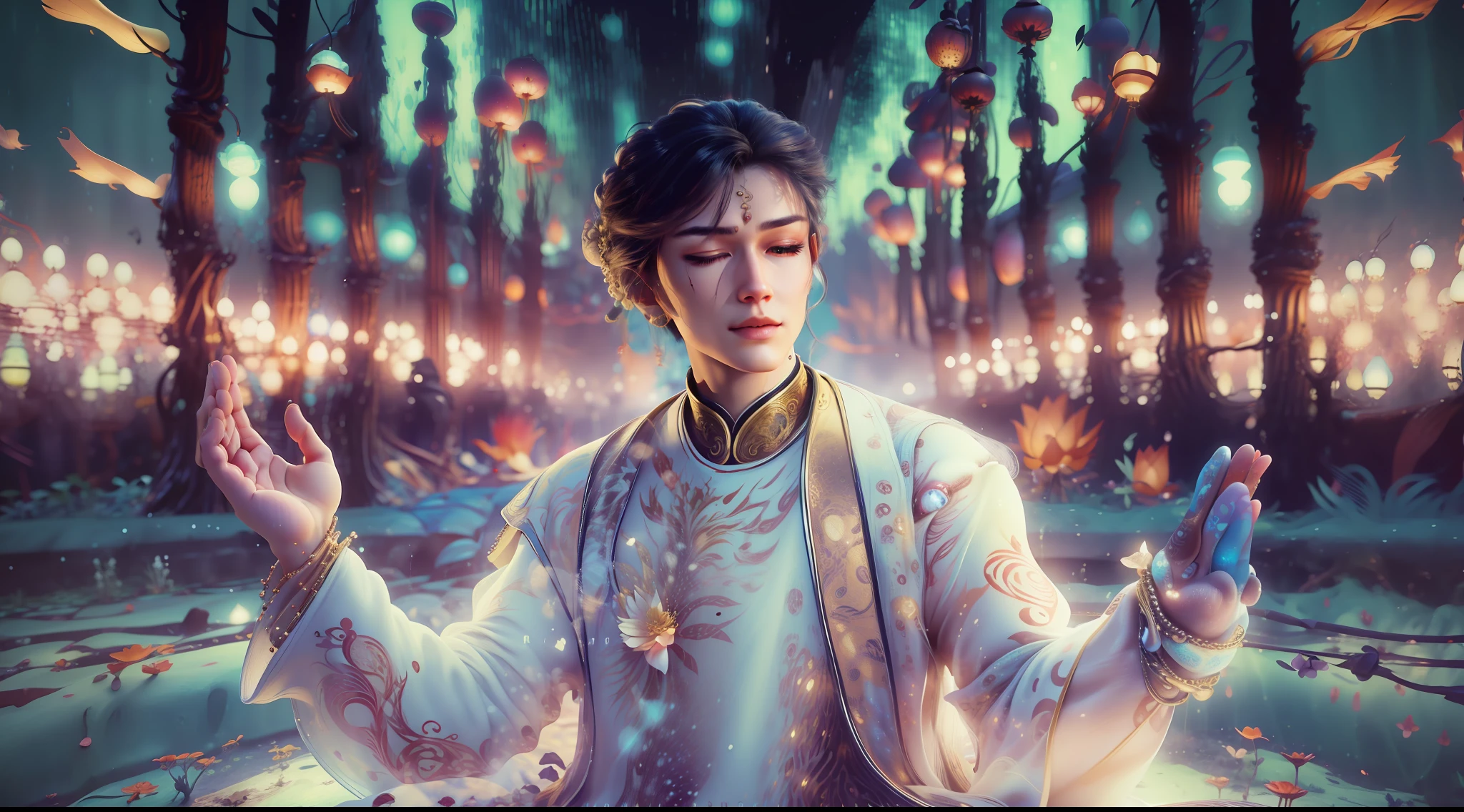 Handsome guy in a white shirt,Sit and meditate in a lotus pose,(raise both arms),Raise your arms,Look at the audience with your eyes closed,raised head,Floating on the ground,cheerfulness,A slight smil,realisticlying,Bokeh,light particules,very highly detailed background,detailed face with,Detailed and complex busy background,Untidy,opulent,milkyW,Highly detailed hands,Realistic details of skin,Visible Pore,tack sharp focus,volume fog,8K UHD,digital SLR camera,high qulity,filmgrain,White skin of the,photo-realism,lomo graphy,Huge metropolis in a dystopia of the future , look from down