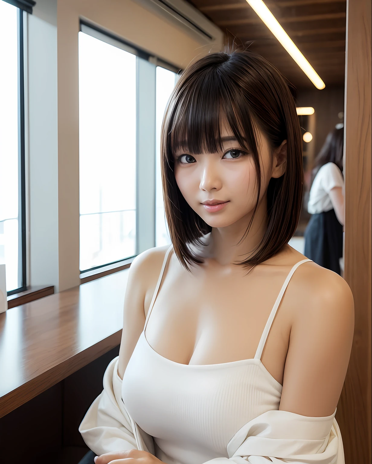 Work in a beauty salon、Lives in Yokohama、The background is the interior of a café in Omotesando、Height 152cm、Age is 28 years、Wearing a white dress、Round face、F Cup、Shortcut Hair、shorth hair、Thick system