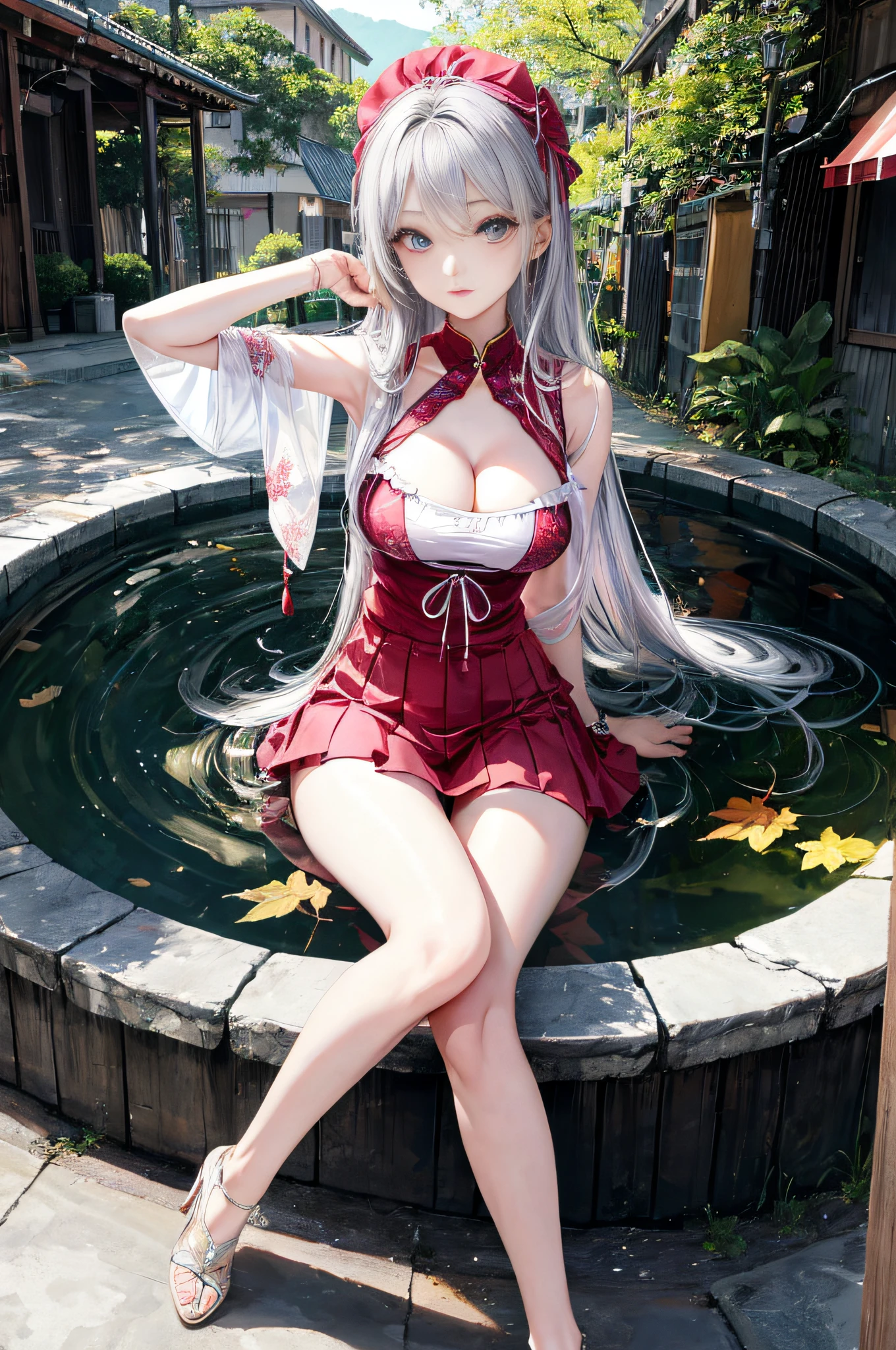 Top image quality、Raw photography、超A high resolution、Cute girl at 18 years old、Shooting for one person only、big round chest、cleavage of the breast、Patterned tank top、Skirt、Shiny hair、Beautiful Eyes of Details、very elongated eyes、Beautiful eyelashes、Beautiful double eyelids、Beautiful legs、very thin thighs、very slender legs、eyeshadows、耳Nipple Ring、Posing like a fashion model、Wear clothes of famous designers、Summer and autumn costumes